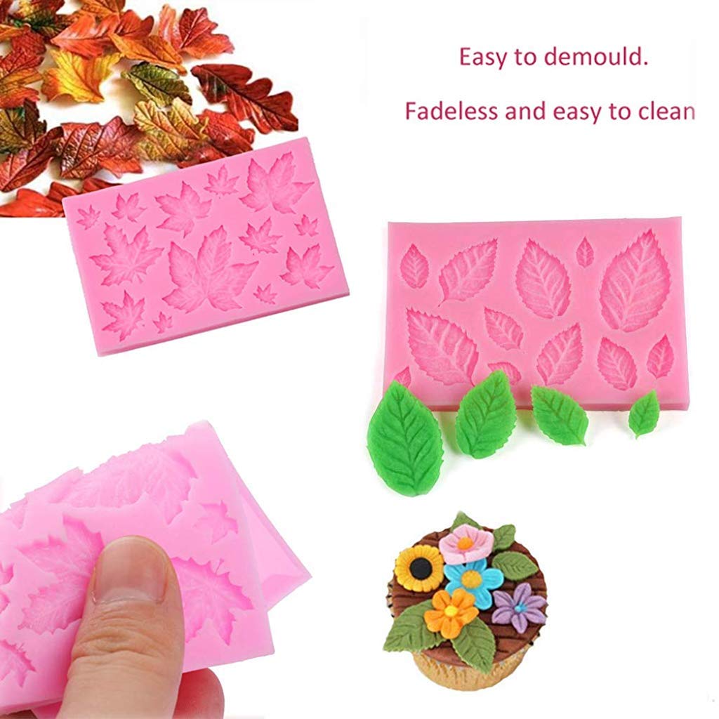 HASTHIP 5PCS Silicone Leaves Fondant Molds 3D Mini Maple Leaf Rose Shaped DIY Cake Decoration Molds