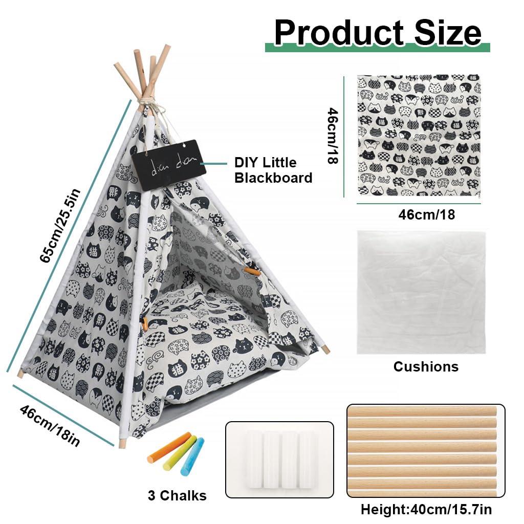 Qpets Cat House Cat Beds for Indoor Cats Puppy Bed Dog House Dog Bed Tent Pet Bed Print Pet Teepee with Cushion Pillow, Assemble Tent Bed for Kitten, Cat, Dog, All Season Use
