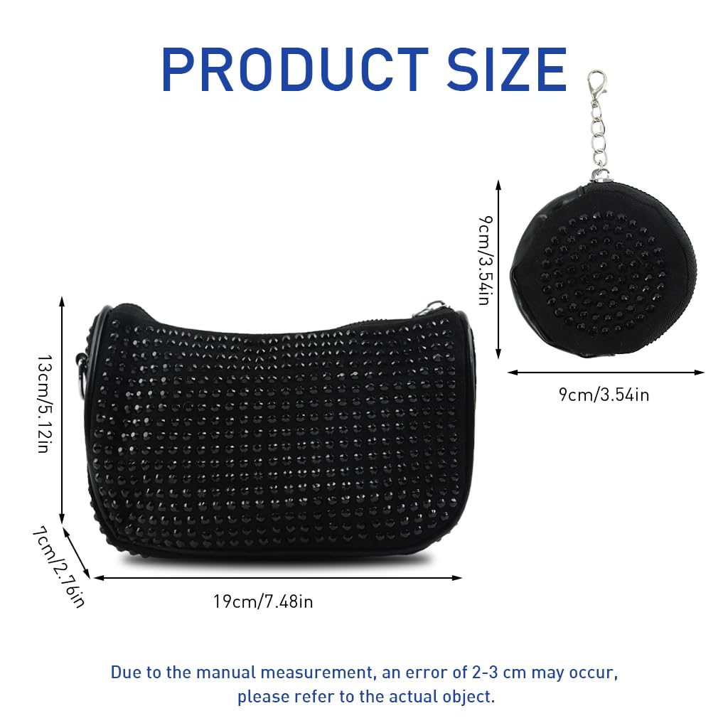 ZIBUYU Small Crossbody Bag Women Fashion Shoulder Bag with Matching Coin Pouch Trendy Soft Handbag Black Diamond-Embellished Shoulder Bag Daily Bag with Adjustable Shoulder Belt
