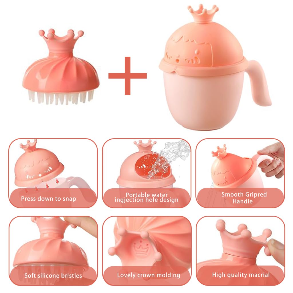 SNOWIE SOFT Baby Shower Cap Hair Brush Rinse Cup Soft Silicone Crown Cap Bath Cap Protecting Eye & Ear Adjustable Baby Shower Crown Cap Baby Shower Gifts, Pink