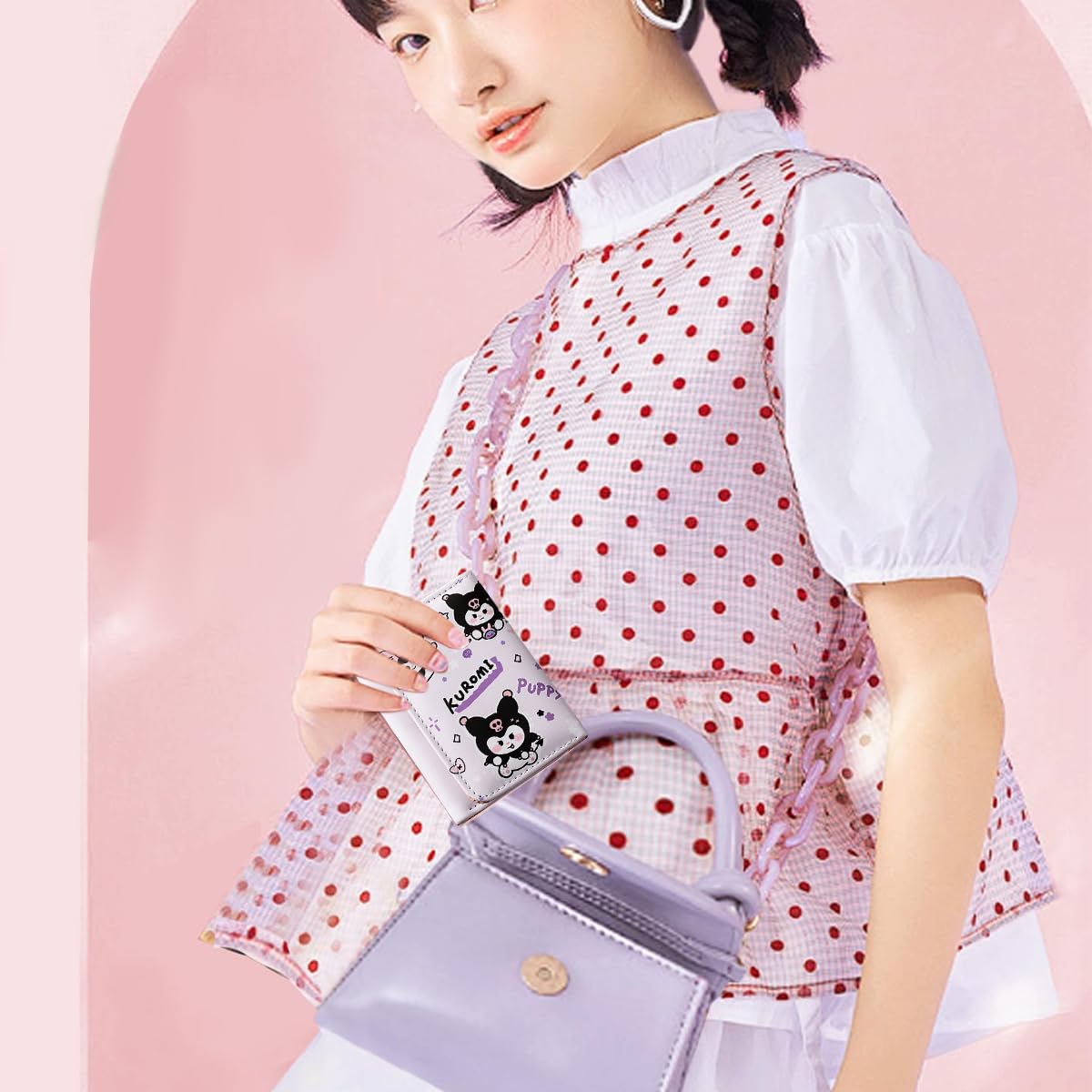 PALAY Girls Wallet Kawaii Sanrio Kawaii Girls Purse Cartoon Kuromi Card Bag Coin Bag for Girls Purple Trio-fold Purse Kawaii Kuromi Purse Wallet Cash Bag Gift for Girls Birthday Gift for Girls