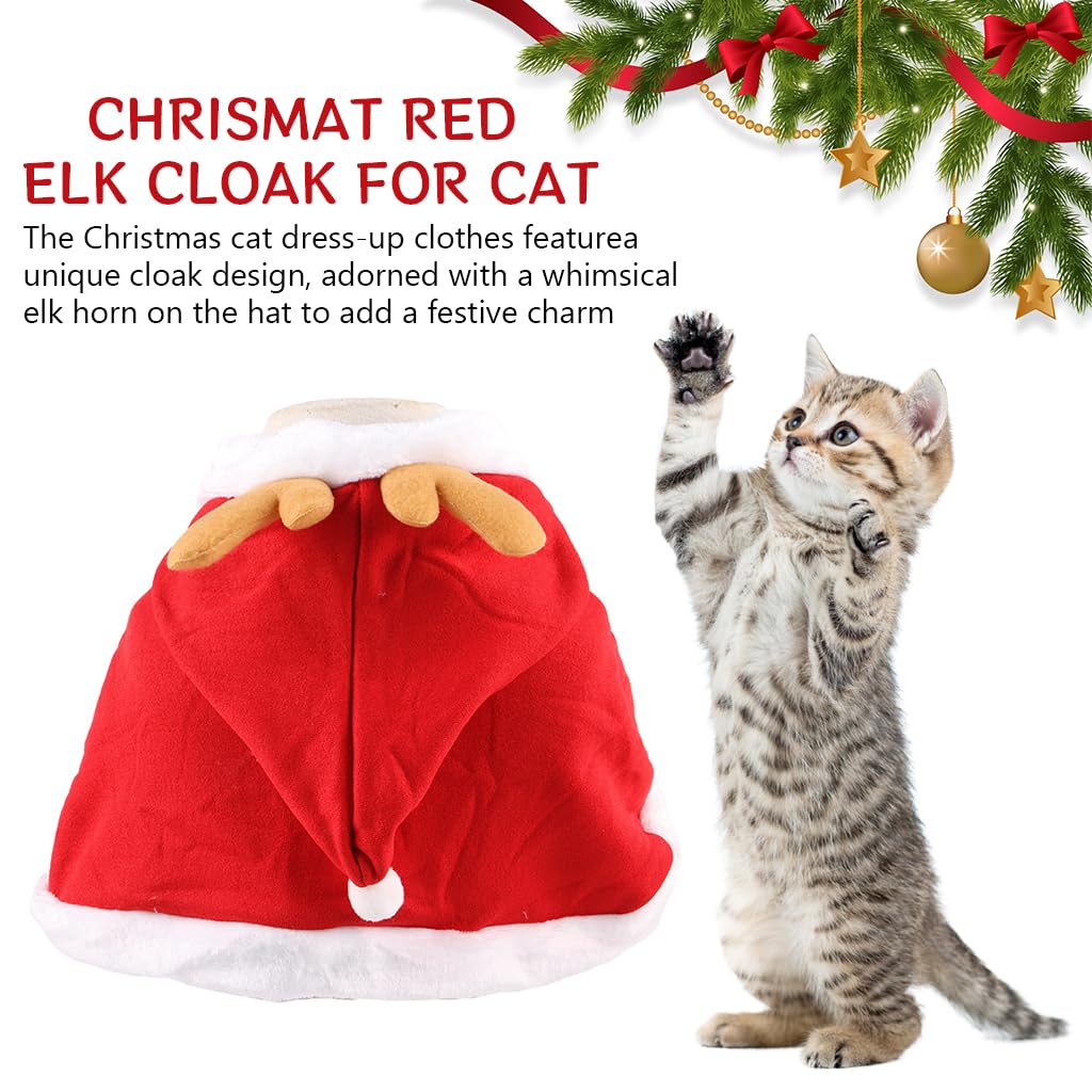 Qpets Chrismat Cat Clothes, Dress Up Clothes Chrismat Red Elk Cloak for Cat Warm Plush Cloak Adjustable Drawstring Hat Christmas Party Clothes for Cat, L