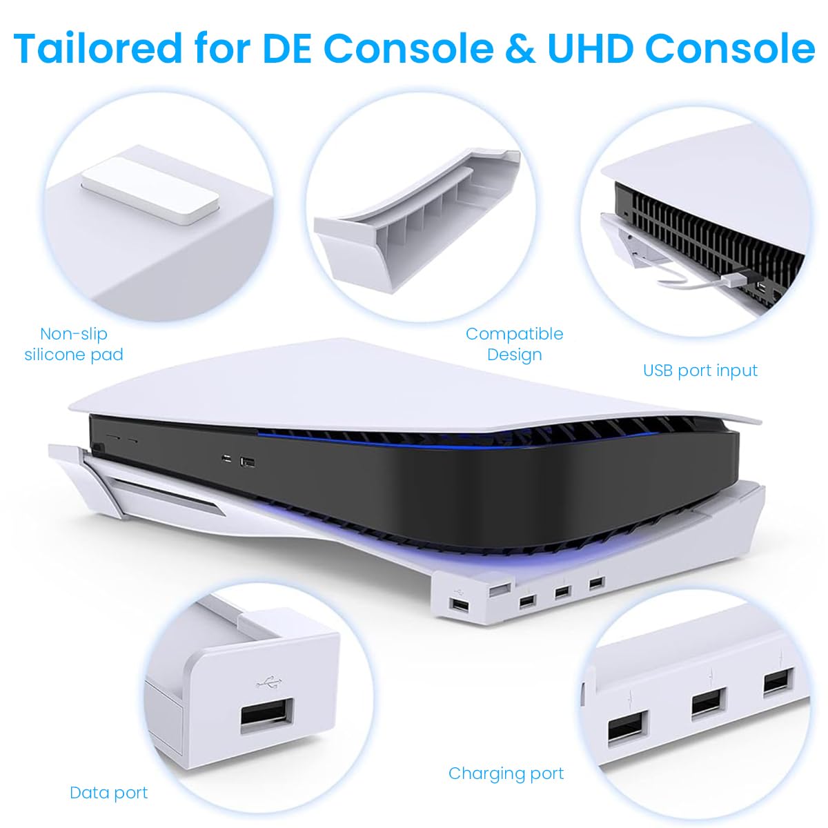 ZORBES Horizontal Stand for PS5 Console Playstation 5 Disc & Digital Edition Console Desk Top Stand with 4 USB Ports Horizontal Stand for Playstation 5 Disc & Digital Edition