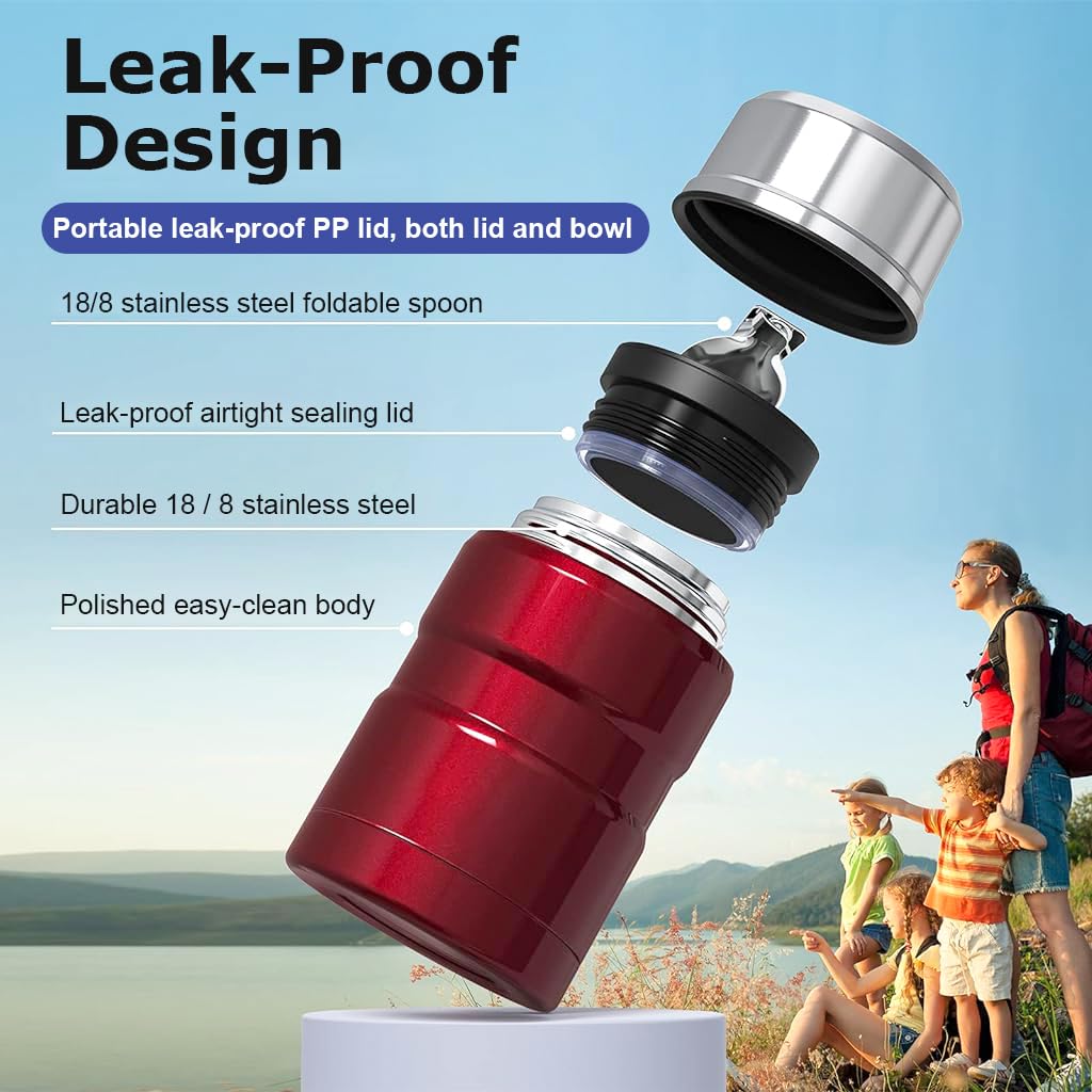 Supvox Vacuum Flask 500ml Insulated Food Jar Vacuum Flask Food with Folding Spoon Double Layer 304 Stainless Steel Vacuum Flask Food Lunch Box Hot Food Vacuum Insulated Jar for Porridge, Soup, Red