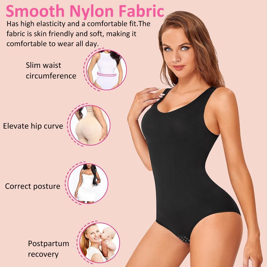 PALAY Body Shaper for Women Waist Trainer Bodysuit Tummy Control Shapewear Seamless Round Neck Tank Top Bodysuit, Beige, M-L