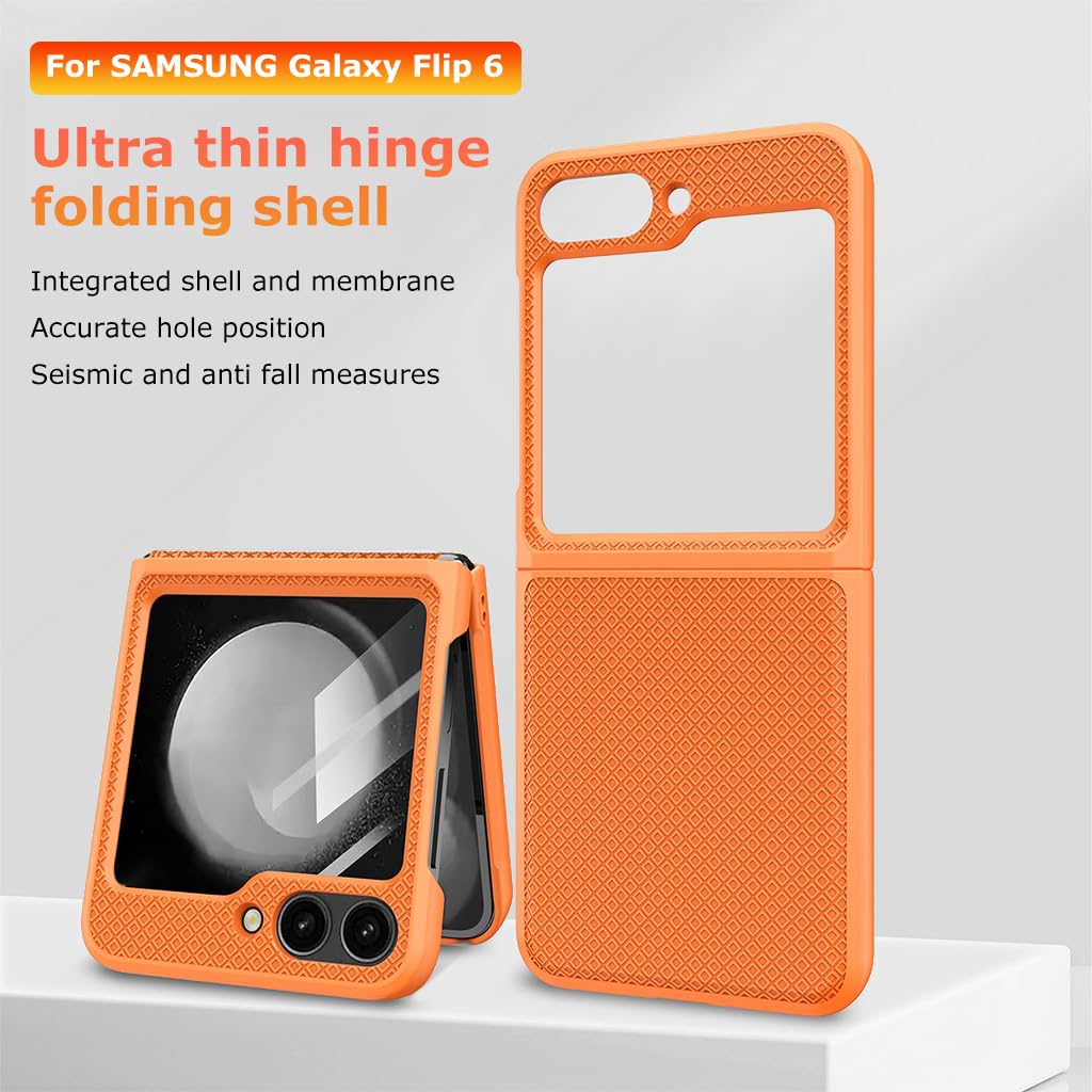 ZORBES Compatible with Samsung Galaxy Z Flip 6 Folding Phone Case for Galaxy Z Flip 6 One-Piece Retractable Hinge Design Anti-Slip Fashion Phone Case with Cut-Out Outer Display, Orange