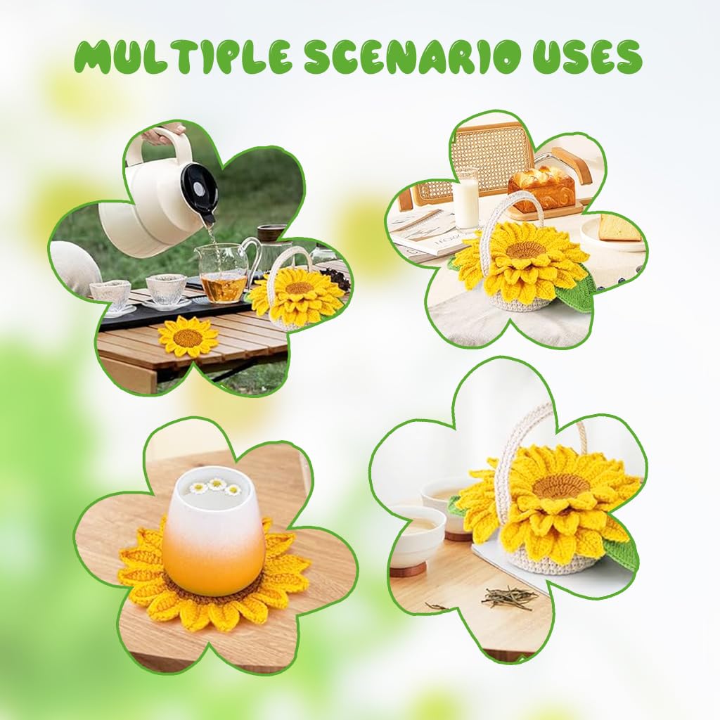 PATPAT DIY Crochet Sunflower Basket Kit Set of 5Pcs DIY Sunflower Coaster Kit 5Pcs Sunflower Coaster Kit Starter Friendly Crochet Kit DIY Crochet