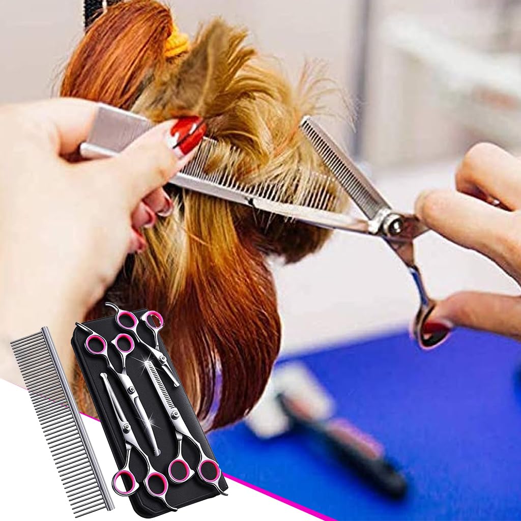 Qpets Dog Grooming Kit 5 Pack, Stainless Steel Dog Trimmer Kit, Pet Grooming Scissors Set with Grooming Comb, Cutting Scissors Thinning Shear Curved Scissors, Grooming Hair for Small Large Dog Cat