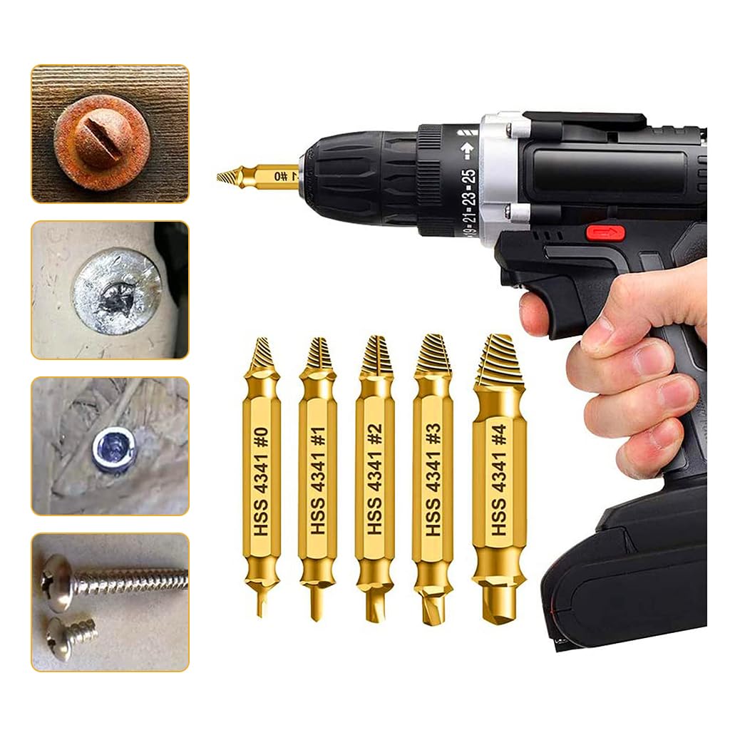 Serplex 5Pcs Screw Extractor High Speed Steel Dual Head Screw Extractor 5 Sizes Screw Extractor for Damaged Screws Nuts & Bolts Drill Bit Tools for Easy Removal of Rusty & Broken Hardware