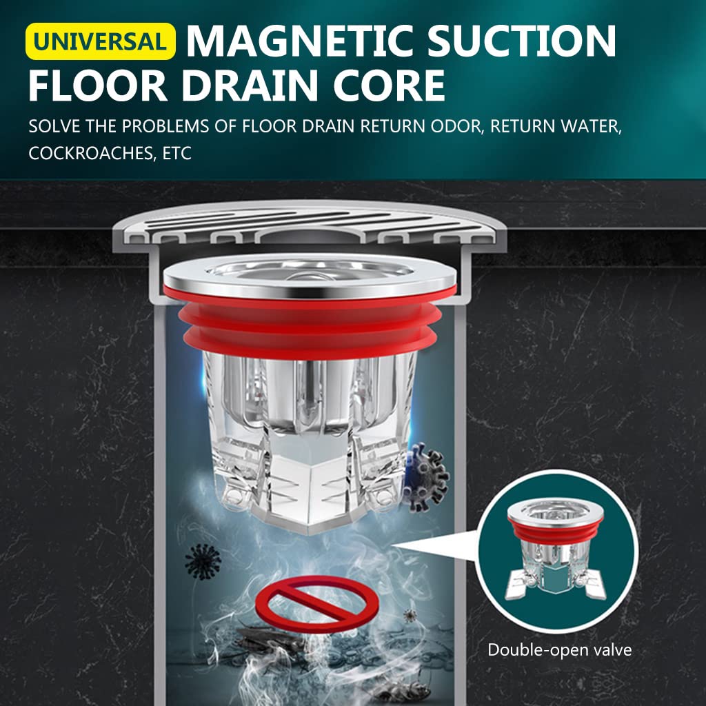 HASTHIP Floor Drain Anti-Backflow with Magnetic Valve Lid for Shower Bathroom Kitchen, Floor Drain Anti-backflow one-Way Drain Valve Under The Water Pipe core Magnetic Drain Plug Drain