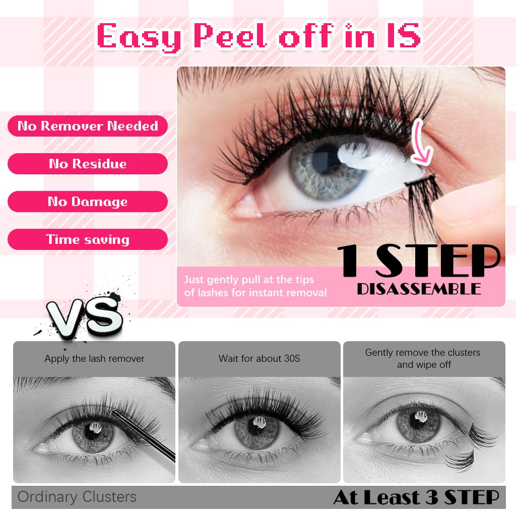 MAYCREATE 36Pcs Eyelash Clusters with Tweezer Self Adhesive Fluffy Eye Lash Clusters Party Look Press & Go Cluster Lashes No Glue Needed DIY Lash Extensions Curl Natural Pre-glued Strip Lashes