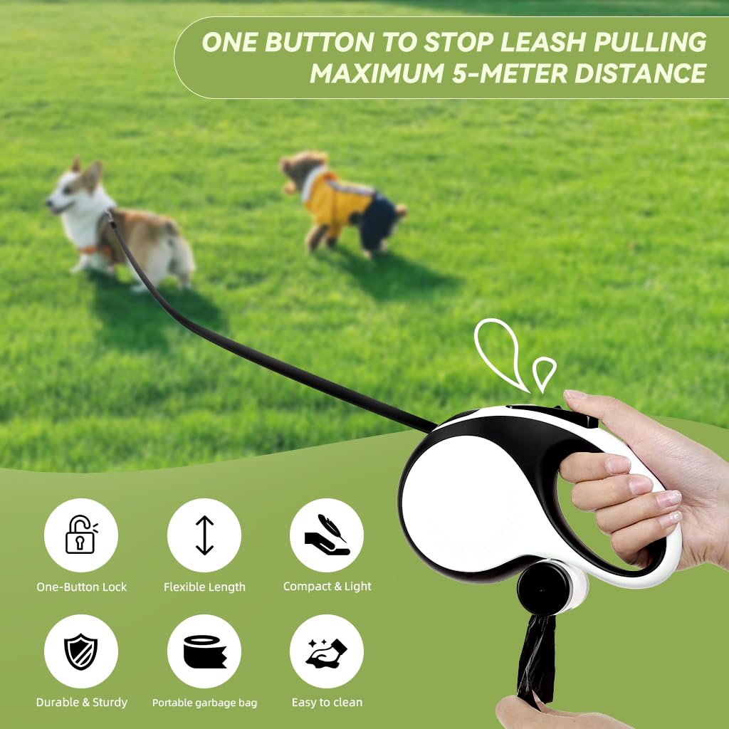 ZIBUYU Retractable Dog Leash with Detachable Waste Bag 2 In 1 Auto Dog Belt One Button Lock & Release Strong Nylon Tape No Tangle for Small, Medium, Large Pet Accessories (Dogs Up to 50kg) 5m