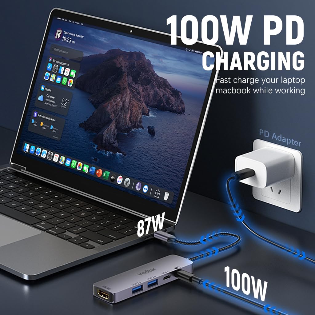 Verilux 5 in 1 USB C HUB USB-C to HDMI, Dual USB Ports Design, Support 4K@60Hz Video Output & PD 100W Power Delivery, Plug and Go USB C Hub for Phone, Tablet, SSD Enclosure, Laptop, Monitor