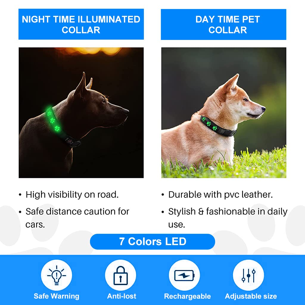 Qpets Dog Collar for Large Dog, 7 Colours LED Dog Collor Light Up Dog Collar USB Rechargeable Quick Release Buckle, Adjustable Size PVC Leather Dog Collar, Dog Neck Collar(Size: L)