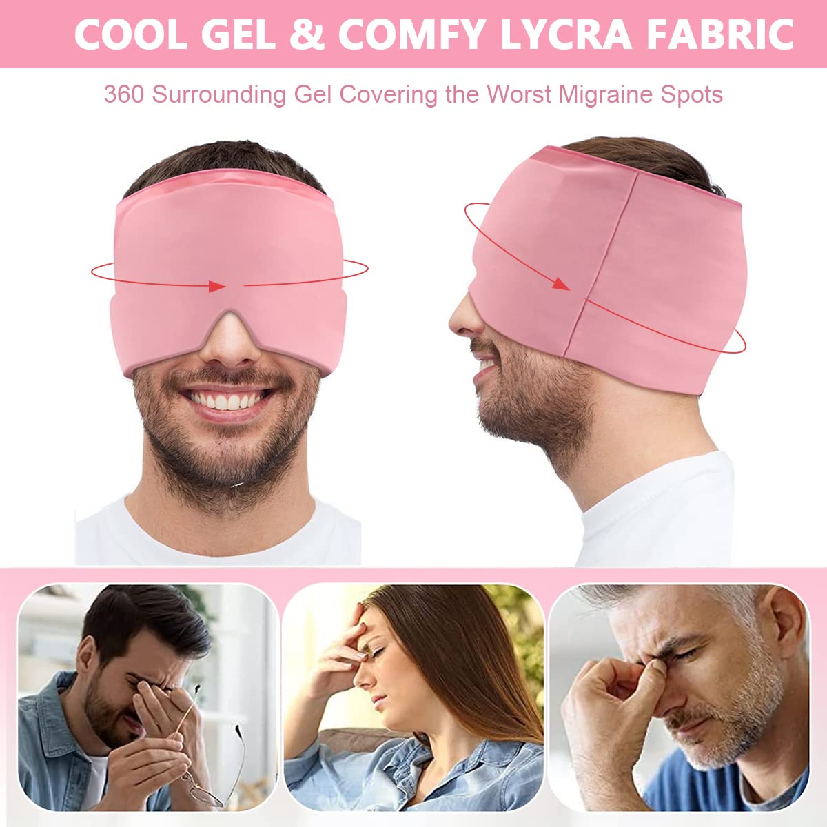 HANNEA Migraine Relief Cap Hat Ice Head Wrap, Double Layer Cool Gel Headache Relief Cap, Hot and Cold Therapy Mask for Tension, Sinus, Puffy Eyes & Stress Relief Gel Cold Compress-Pink