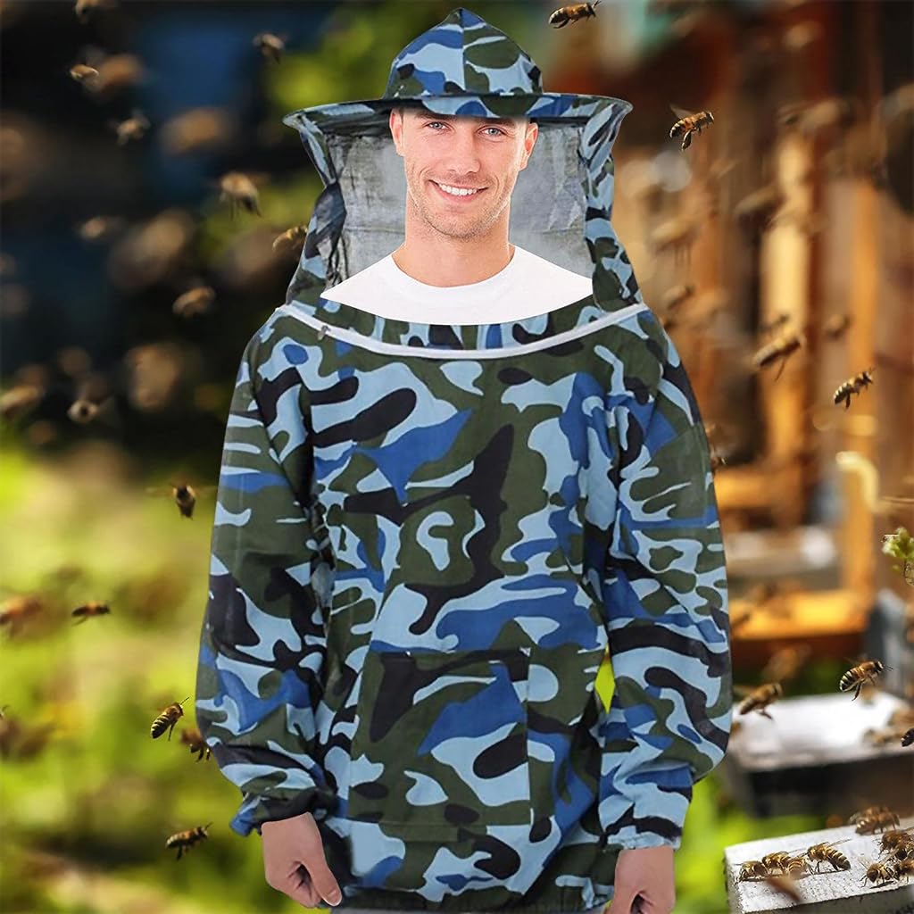 HASTHIP Bee Suit with Detachable Veil Hat, Camouflage Beekeeping Top, Protective Equipment, Elastic Cuff & Elastic Hem Closure