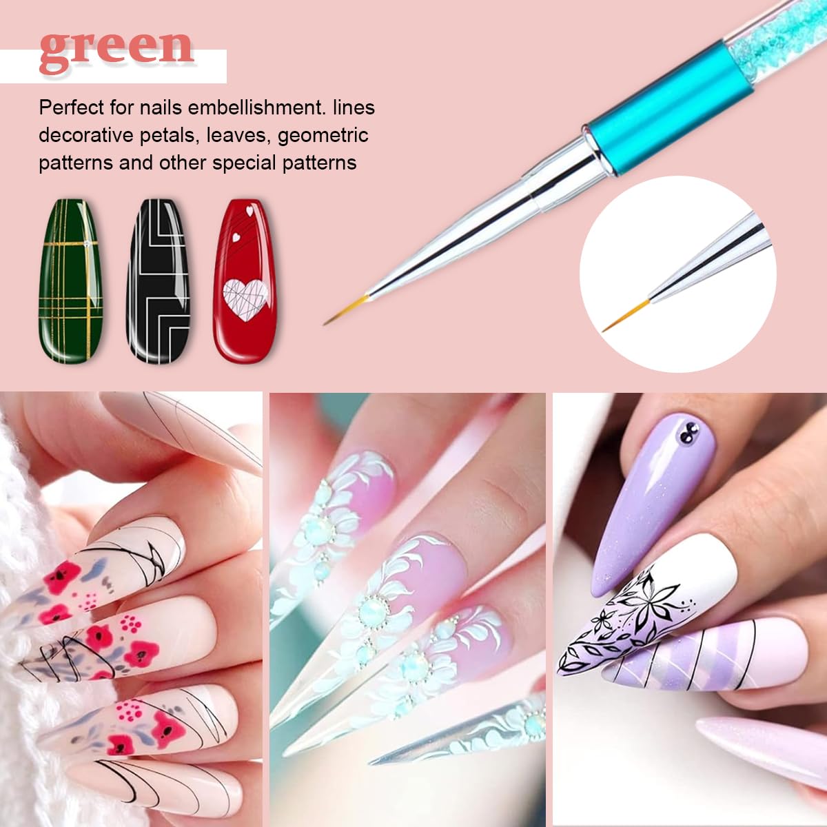 MAYCREATE 5 Pack Nail Art Brush Set, 3D Nail Liner Painting Brushes Pen DIY Dotting Drawing Manicure Tool with Rhinestone Handles, for Salon or Home Use, 7 9 11 14 19mm