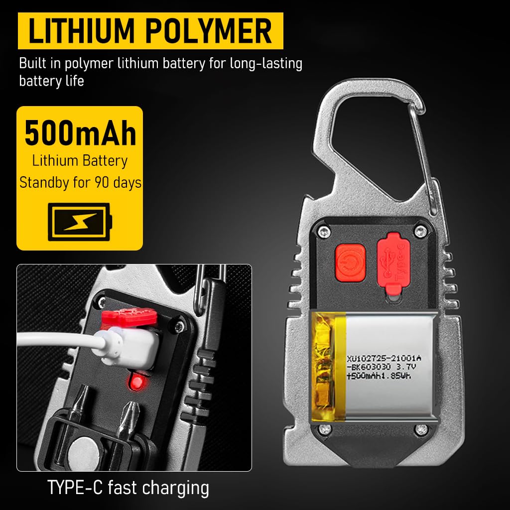 ELEPHANTBOAT 4 in 1 USB Rechargeble Keychain LED Flashlight 1000Lumens Yellow Light LED Magnet Mini Flashlight with Screwdrivers, Whistle, Multitool for Outdoor, Emergency, Night Walking