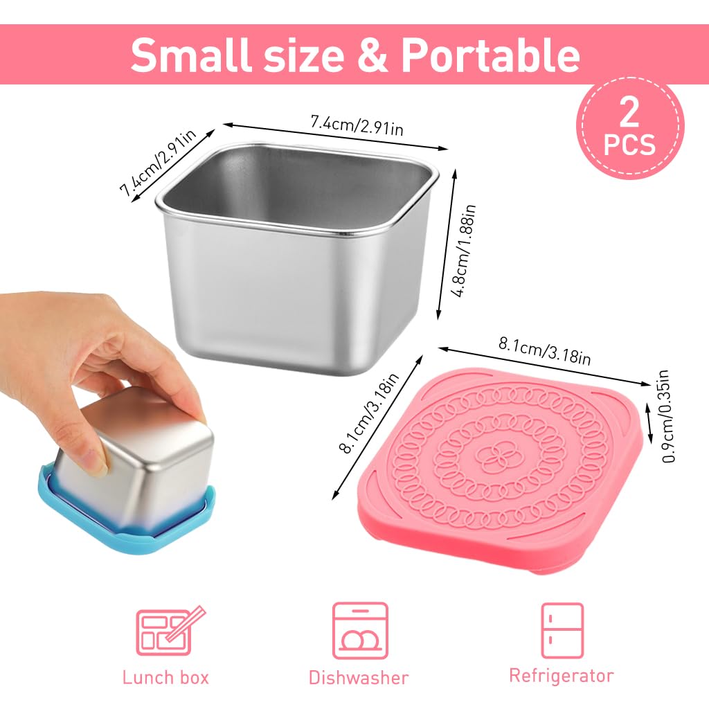 HASTHIP 2pcs Ketchup Cups 180ML Stainless Steel Sauce Cups with Silicone Lid Leakproof Salad Dressing Container Snack Container Ketchup Cups for Lunch Bento Box, Picnic, Travel