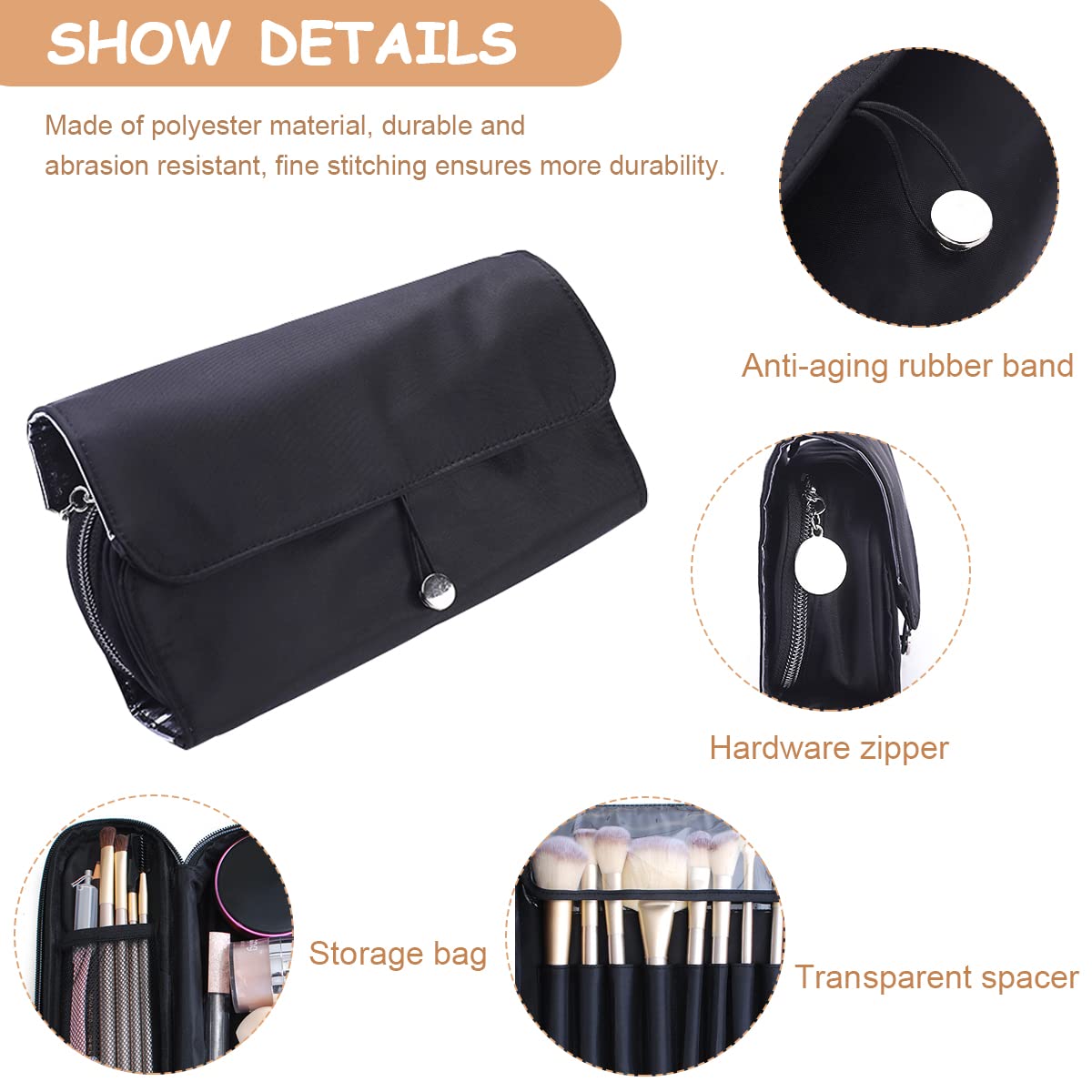 MAYCREATE Makeup Brush Holder Travel Makeup Brush Organizer Cosmetic Bag Roll Up Storage Case Pouch with 12 Brush Sleeve, Zipper & Mesh Pouch, Waterproof & Dustproof