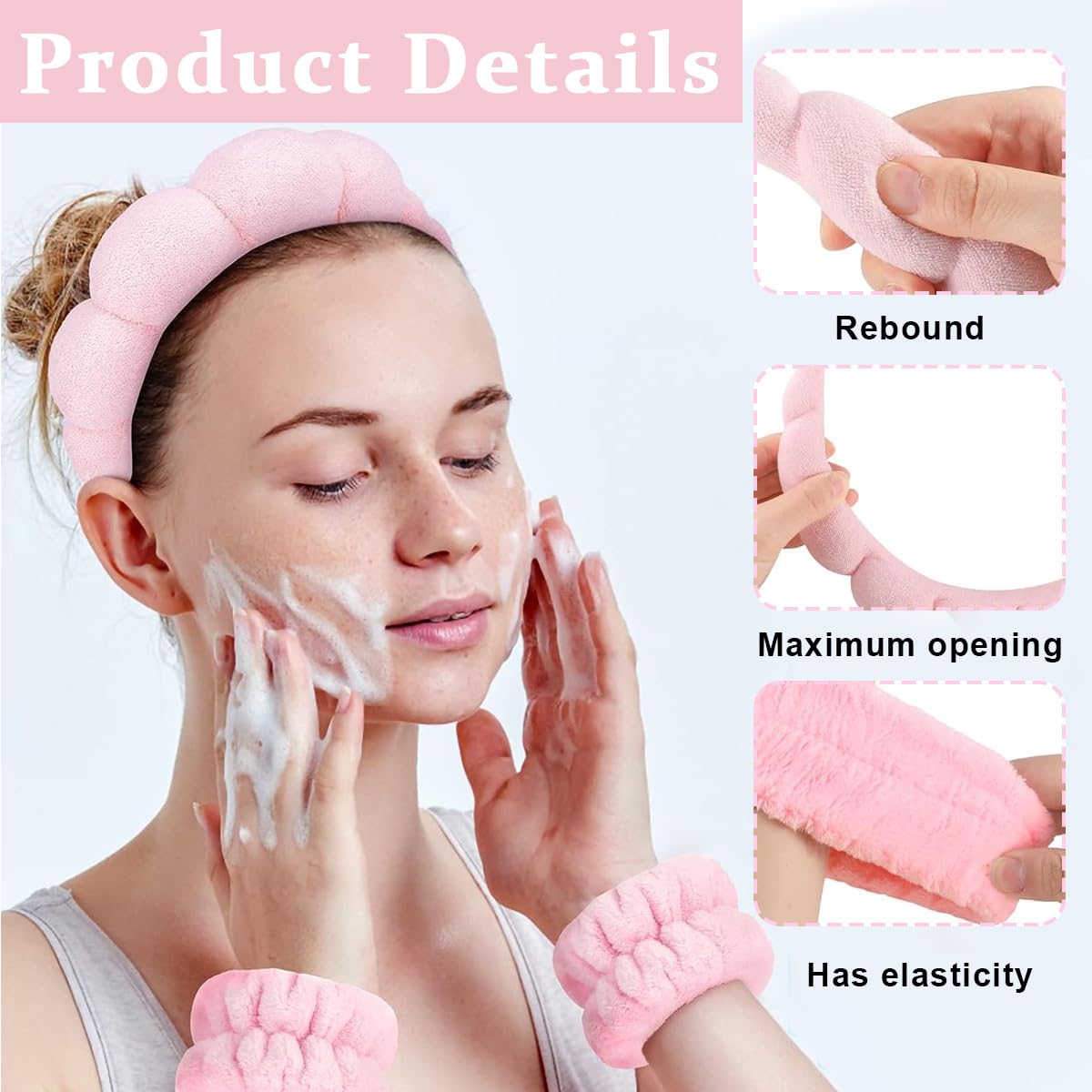 MAYCREATE Spa Headband Wristband for Women Girls Face Washing, Facial Skincare Headband Sunflower Sponge Makeup Hairband Wrist Washband Combo Set - Pink