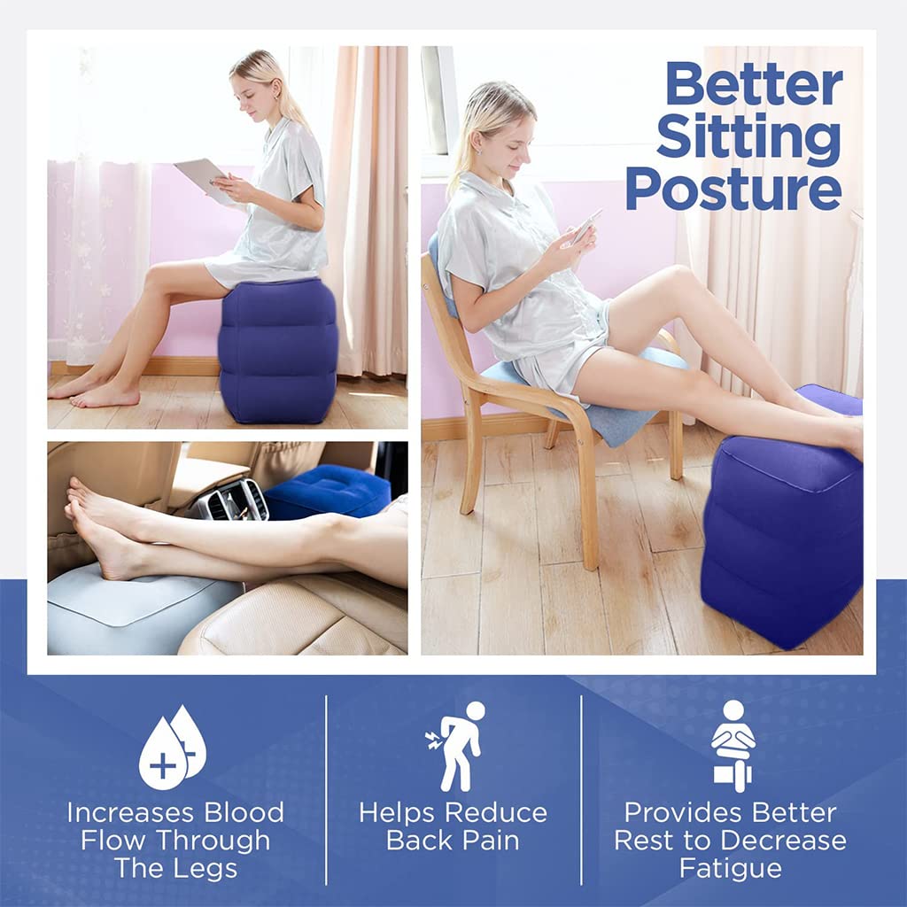 HANNEA Inflatable Travel Foot Rest Pillow, Air Travel Pillow Footstool Seat Foldable Travel Pillow for Flight Home Office Footstool Self-inflatable Air Travel Pillow for Adult Kids, Dark Blue