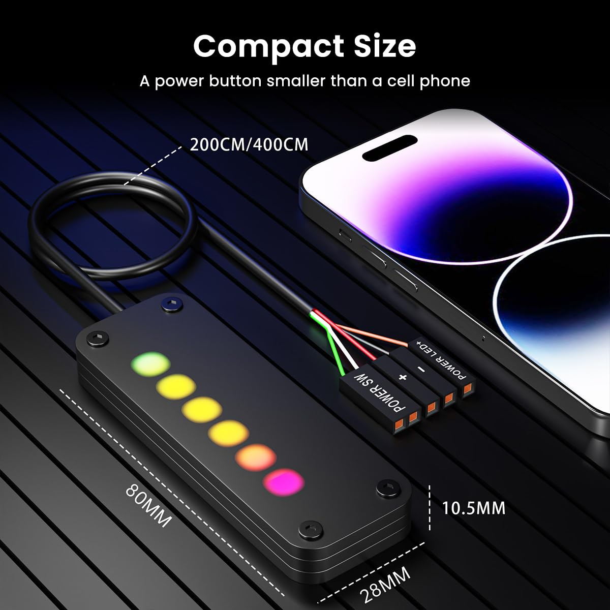 Verilux Desktop Computer Power Switch, PC Power Switch Extension Kit Desktop Finger Slide ON/Off Touch Button Power Switch 7 Color with 2m Cables DIY Modification External Power Button Switch Button