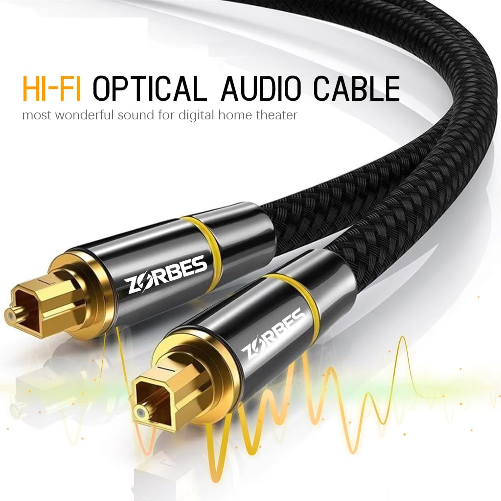 ZORBES 6.6FT Optical Audio Cable, Braided Optical Audio Cable, Gold-Plated Pin Digital Audio Fiber Optic Cable Toslink, Compatible with Sound Bar, Home Theater, TV, PS