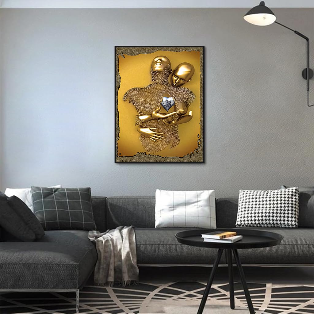 HASTHIP 3D Painting Metal Figure Statue Art Couple Love Heart Kiss Pictures Wall Art Canvas Print Poster Drawing Decor for Home Living Room Bedroom Office - Without Frame (30x40cm) Heart