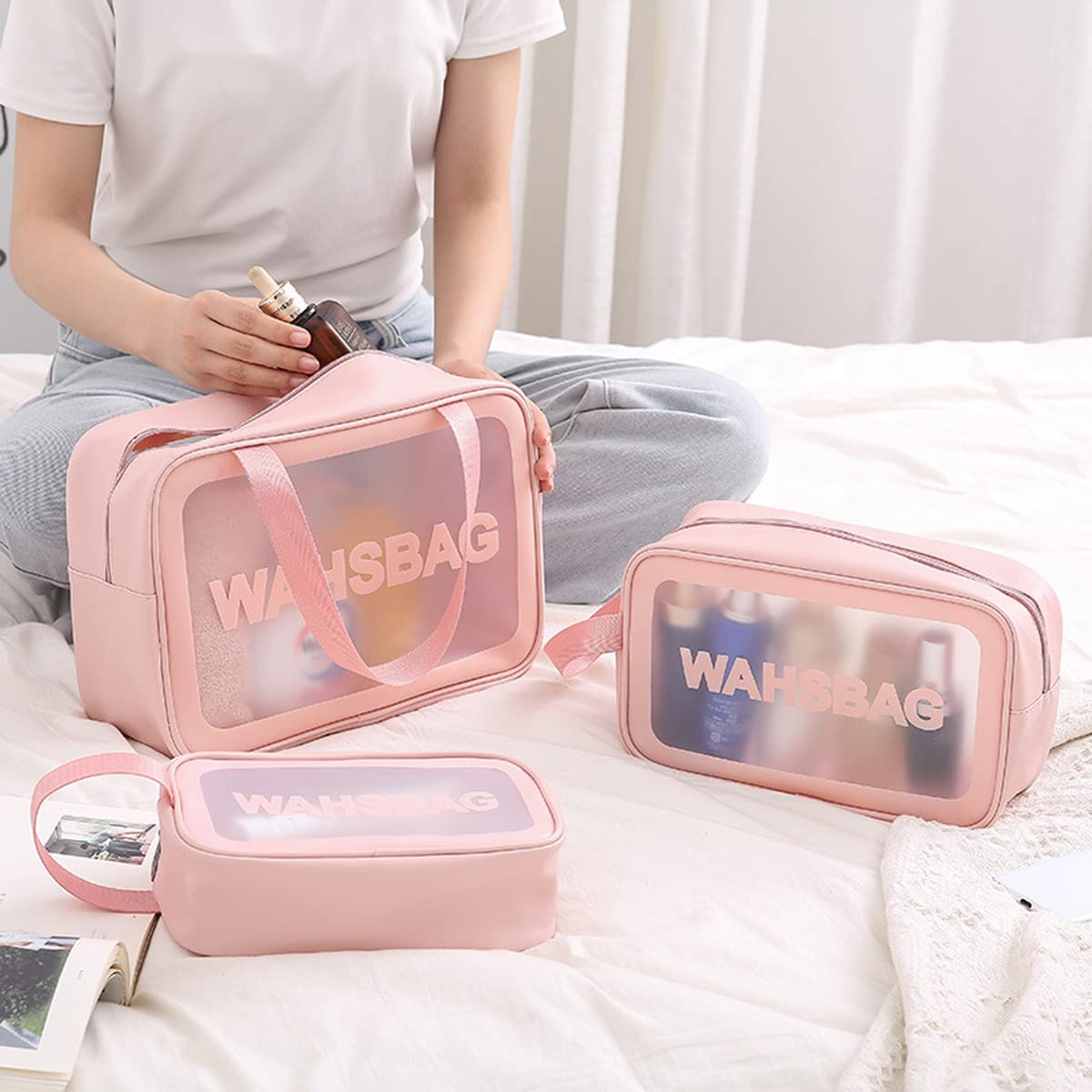 HASTHIP Pink 3 Pcs Waterproof Cosmetic Organizer Pouch Bag for Women & Girls Makeup, Toiletry, Home, Travel Use Storage Kit