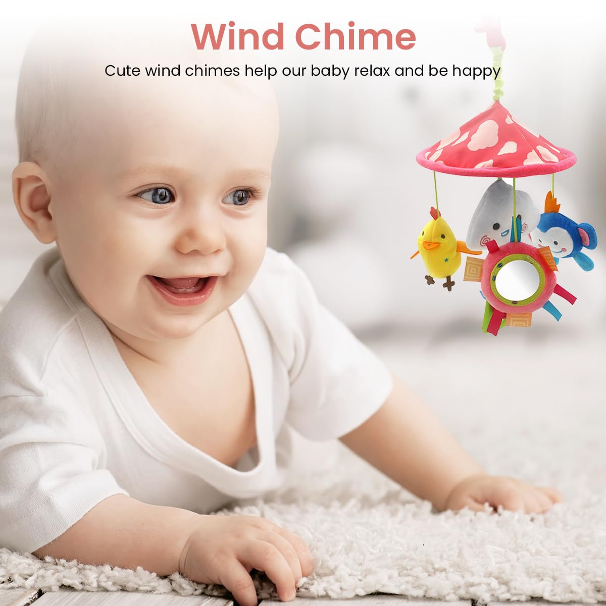 PATPAT Hanging Toys for Babies 0-6 Months, New Born Baby Toys Rattle Crinkle Squeaky Toy Car Seat Plush Stroller Toy with Mirror Plush Animal C-Clip Ring for Infant Babies 3 6 9 to 12 Months