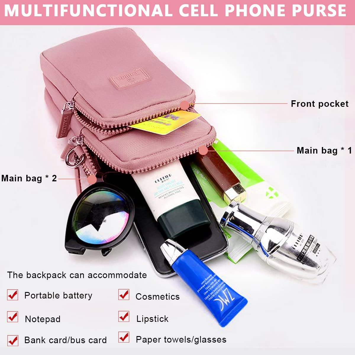 GUSTAVE Pink Mini Wallet Shoulder Small Crossbody Phone Bag for Women with Earphone Cable Hole Wallet Clutch Bag for Women