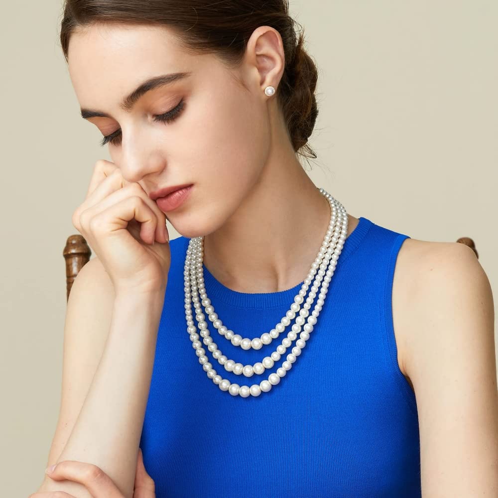 SANNIDHI Pearl Necklace for Women Girls 3 Layer 59inch Long Choker Cream White Faux Pearls Strand Necklace Fashion Elegant Jewelry
