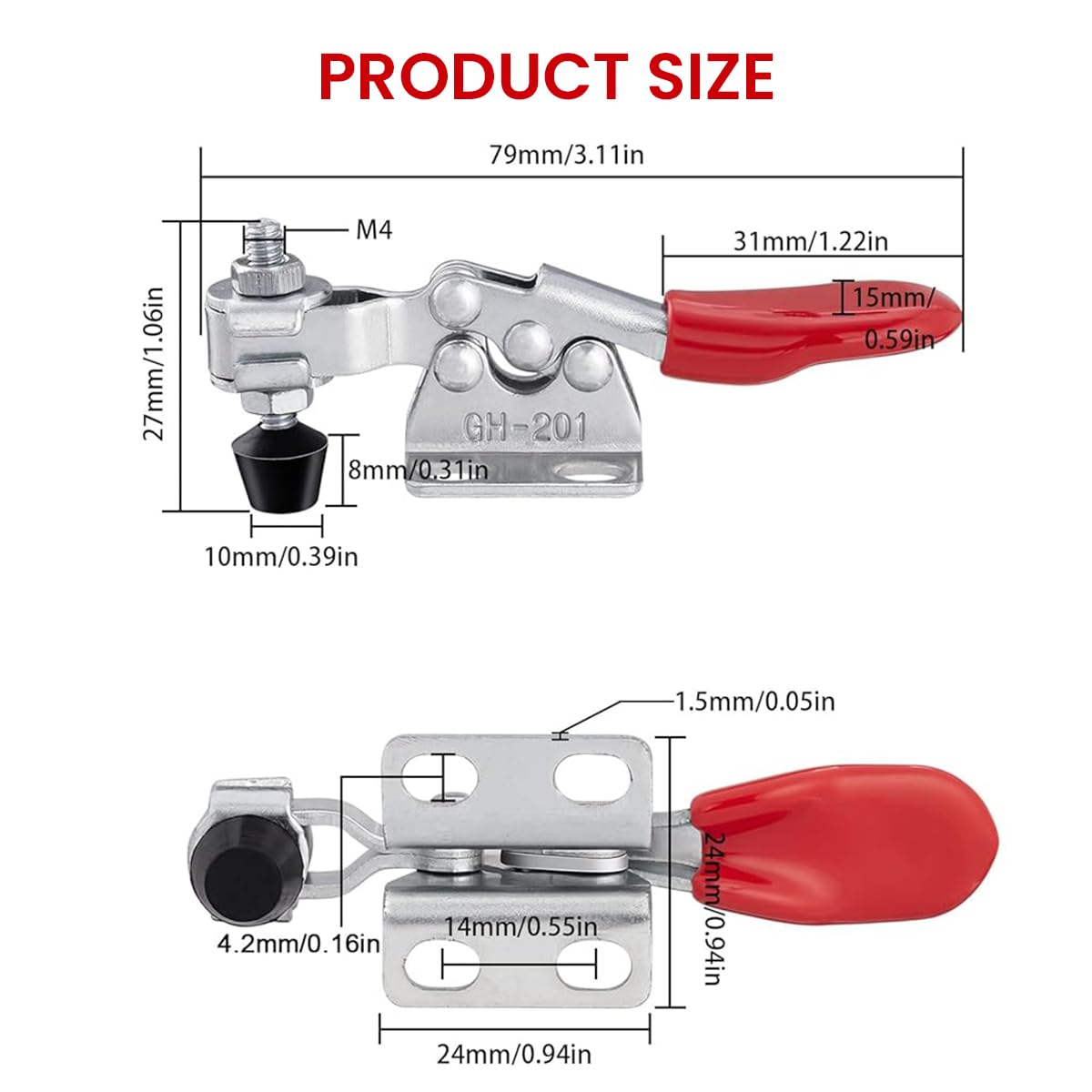 HASTHIP 4 Pcs Hold Down Toggle Clamps 201, Carpenter Tools Small Quick Release Horizontal Toggle Clamp Holding Capacity 60 lbs/27kg, Woodworking Latch Anti-slip Red Grip Hold Down Hand Tool