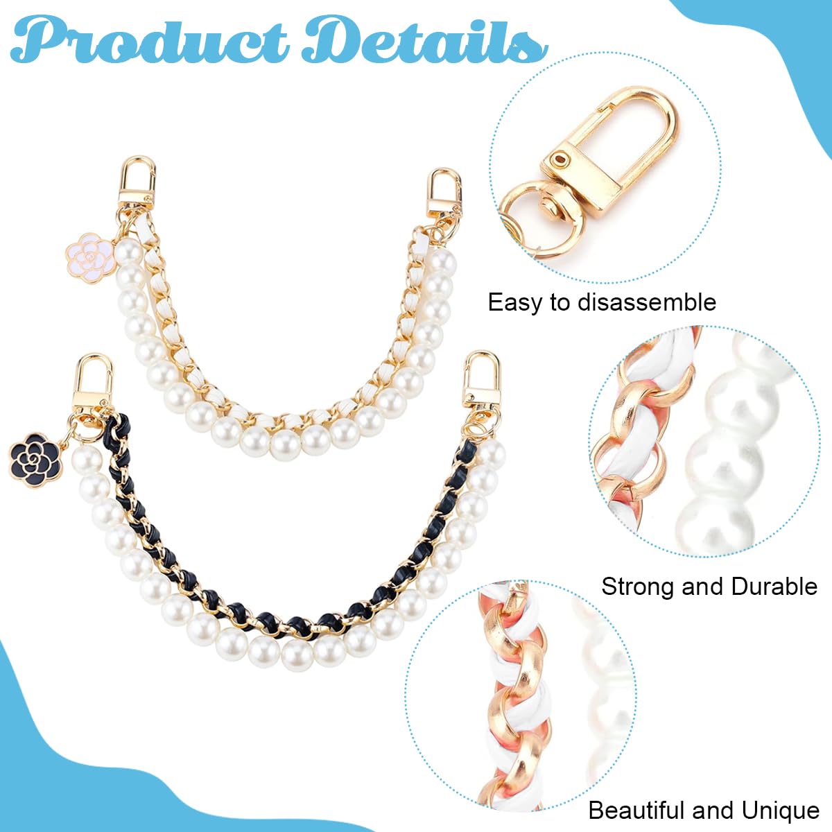 PALAY 2pcs Metal Bag Straps for Sling Bag Extender Chain for Bag Luxury Pearl Handbag Chain Replacement Dual-Layer Hand Strap Extension for Clutch Bag, Purse, Phone Case DIY Accessories