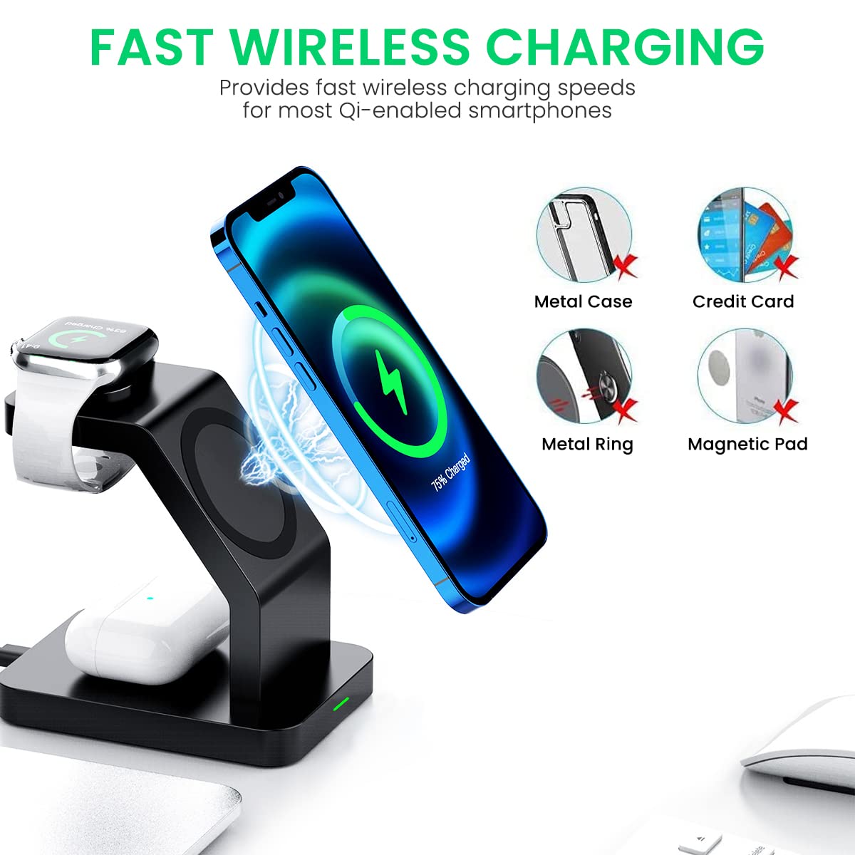 ZORBES Magnetic Wireless Charging Station for Apple Series, 3-in-1 Standard 15W Fast Mag-Safe Charger Stand for iPhone 14, 13, 12 Pro Max/Pro/Mini/Plus, iWatch 8/7/6/5/4/3 use