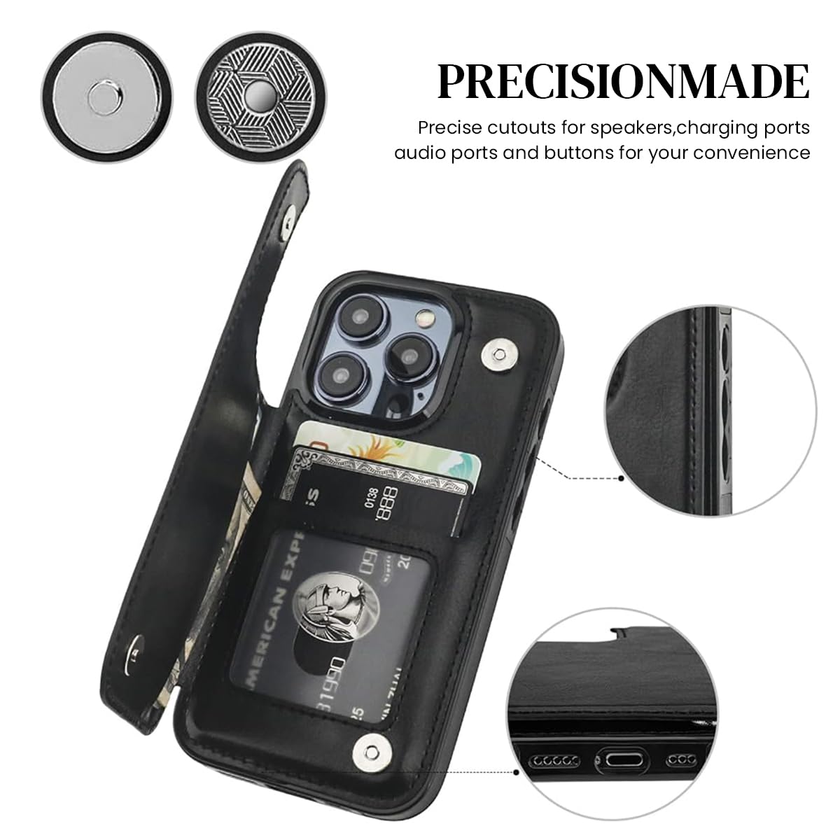 ZORBES Leather Phone Case for iPhone 15 Pro Max Stylish PU Phone Case with 4 Card Slots 2 in 1 Leather Phone Case for iPhone 15 Pro Max Snap Button Flip-Open Leather Wallet Phone Case Black