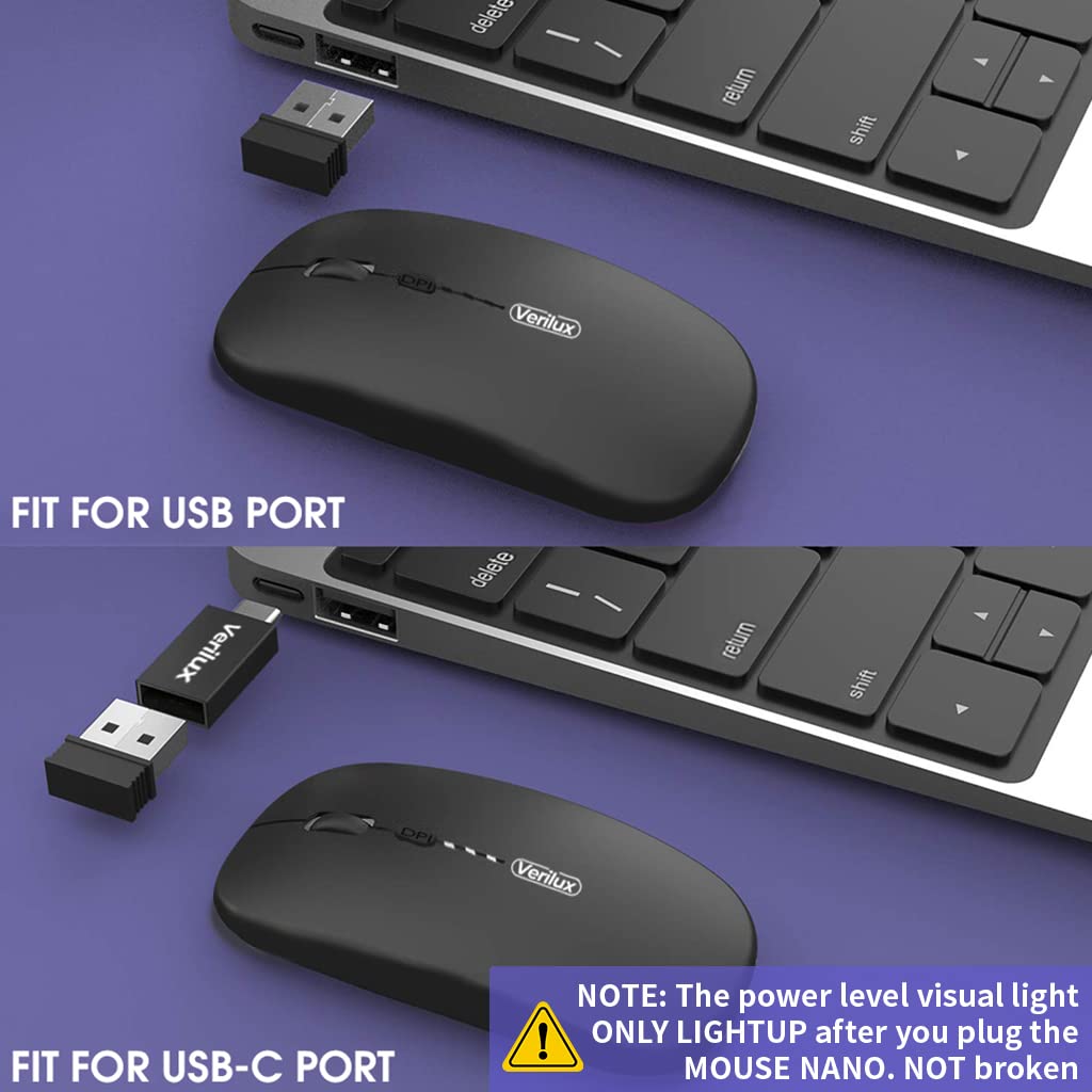 Verilux Wireless Mouse Rechargeable, Upgraded Ultra Slim 2.4G Silent Cordless Mouse Computer Mice 1600 DPI with USB Receiver for Laptop PC Mac MacBook, Windows (Black+Battery Level Visible)