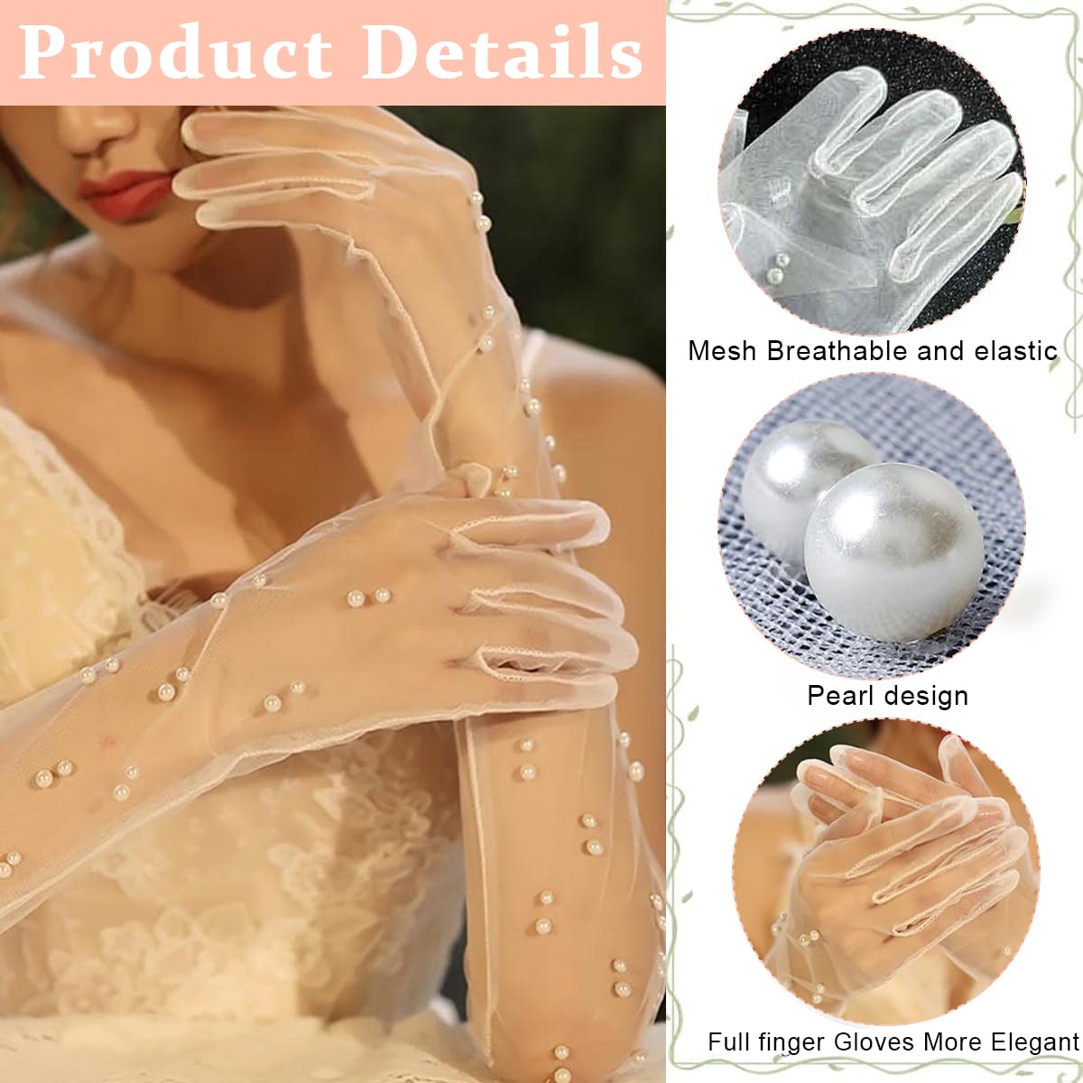 PALAY Wedding Gloves for Bride White Lace Gloves for Women Hand Gloves for Girls White Net Gloves, Elbow Length Lace Gloves Elegant Bridal Tulle Gloves Banquet Pearl Gloves Bridal Diwali Halloween