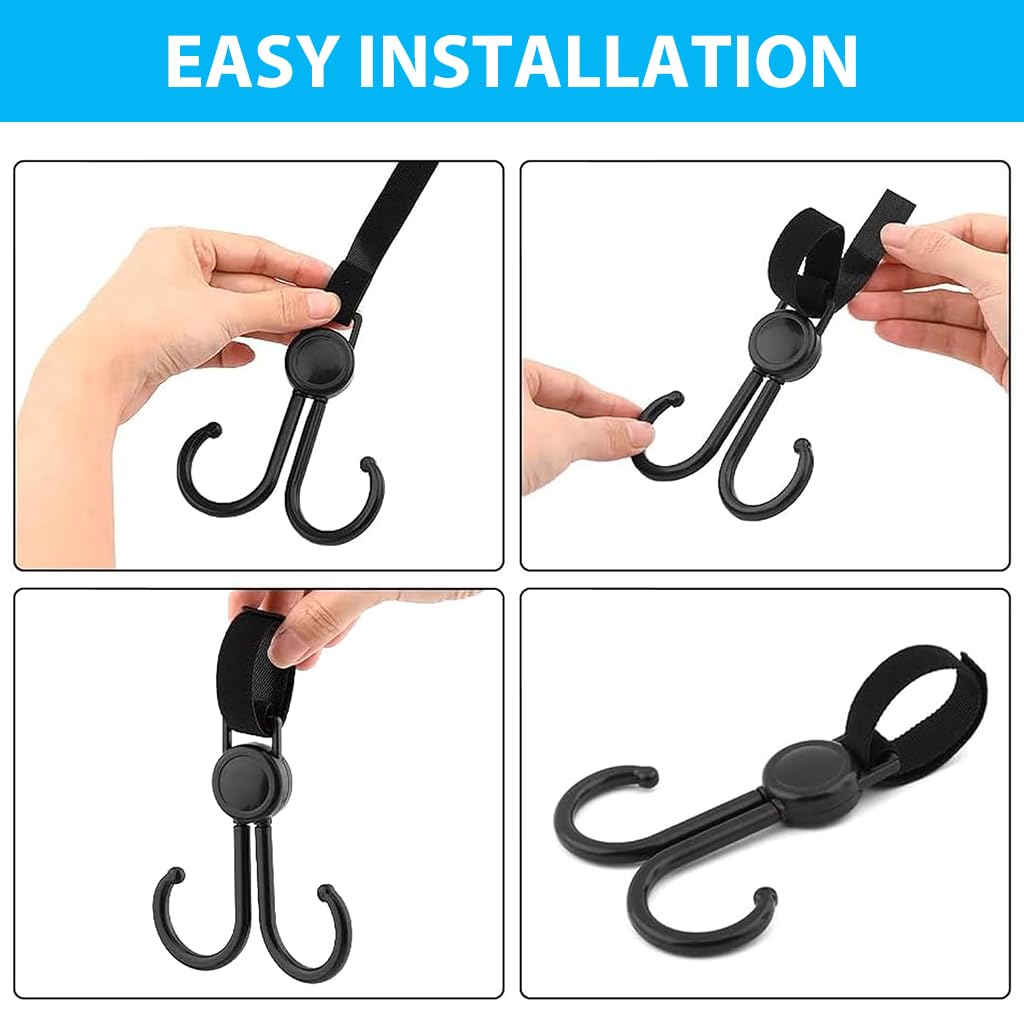 SNOWIE SOFT 2Pcs Hanging Hooks 360 Degree Rotatable Dual Hooks Stroller Hooks for Mothering Bags, Versatile Hanging Hooks for Stroller, Pram, Bike, Car, Electric Bicycle