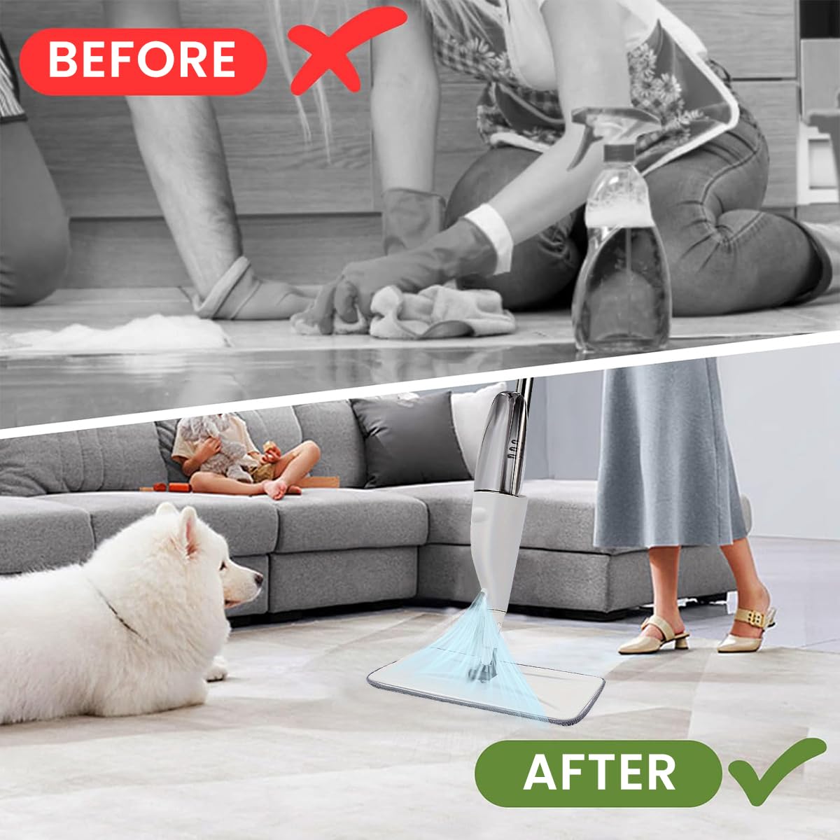 HASTHIP Microfiber Spray Mop 360° Rotatable Long Handle Spray Floor Mop with 3pcs Washable Microfiber Mop Cloth Wet & Dry Use Floor Mop for Wooden Floor, Ceramic Tiles Wall, Laminate