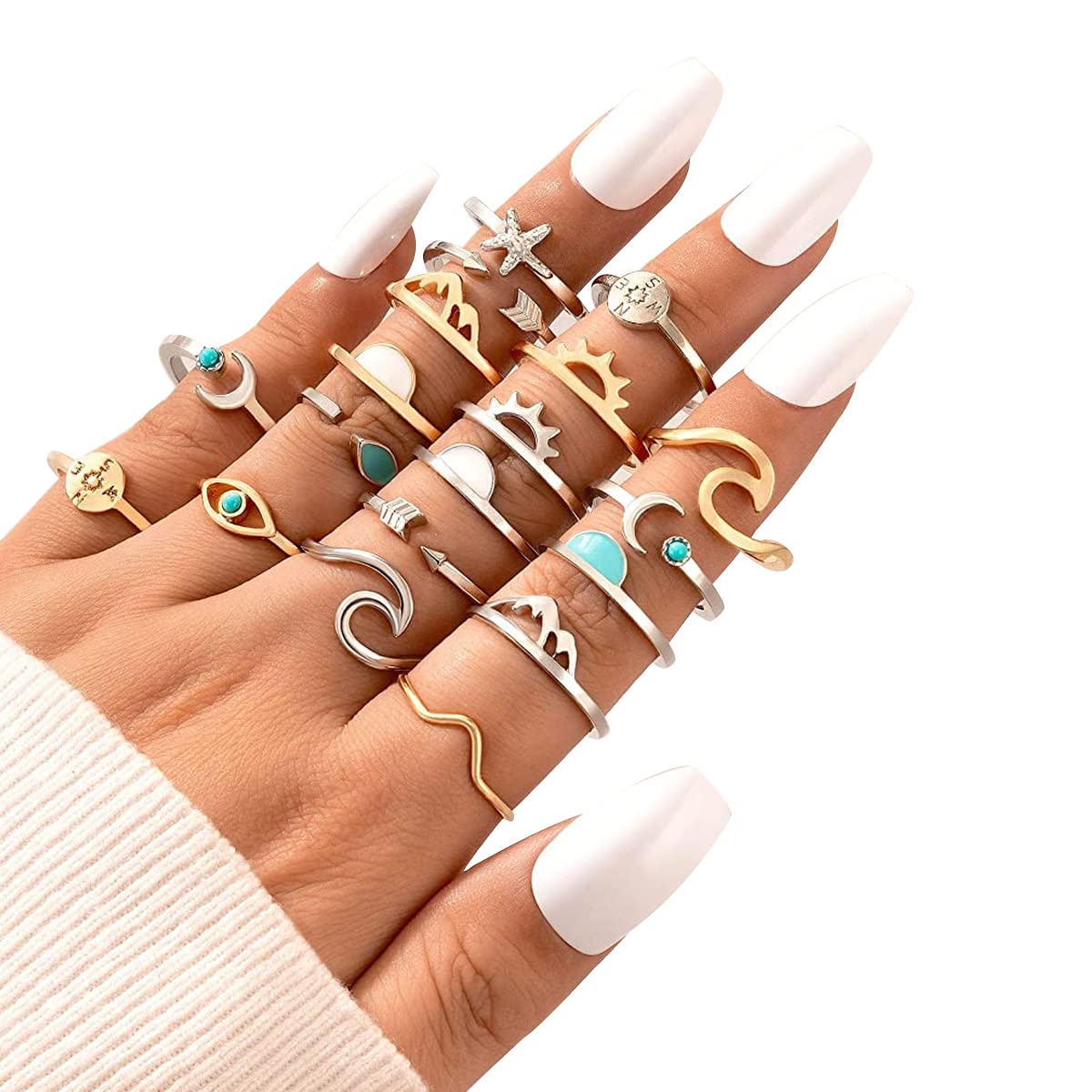 SANNIDHI 19 Pcs Boho Retro Rings Sets Combo Stackable Rings for Women Teen Girls, Vintage Knuckle Rings Finger Ring Sets Fashion Turquoise Golden-Plating Sleek Rings