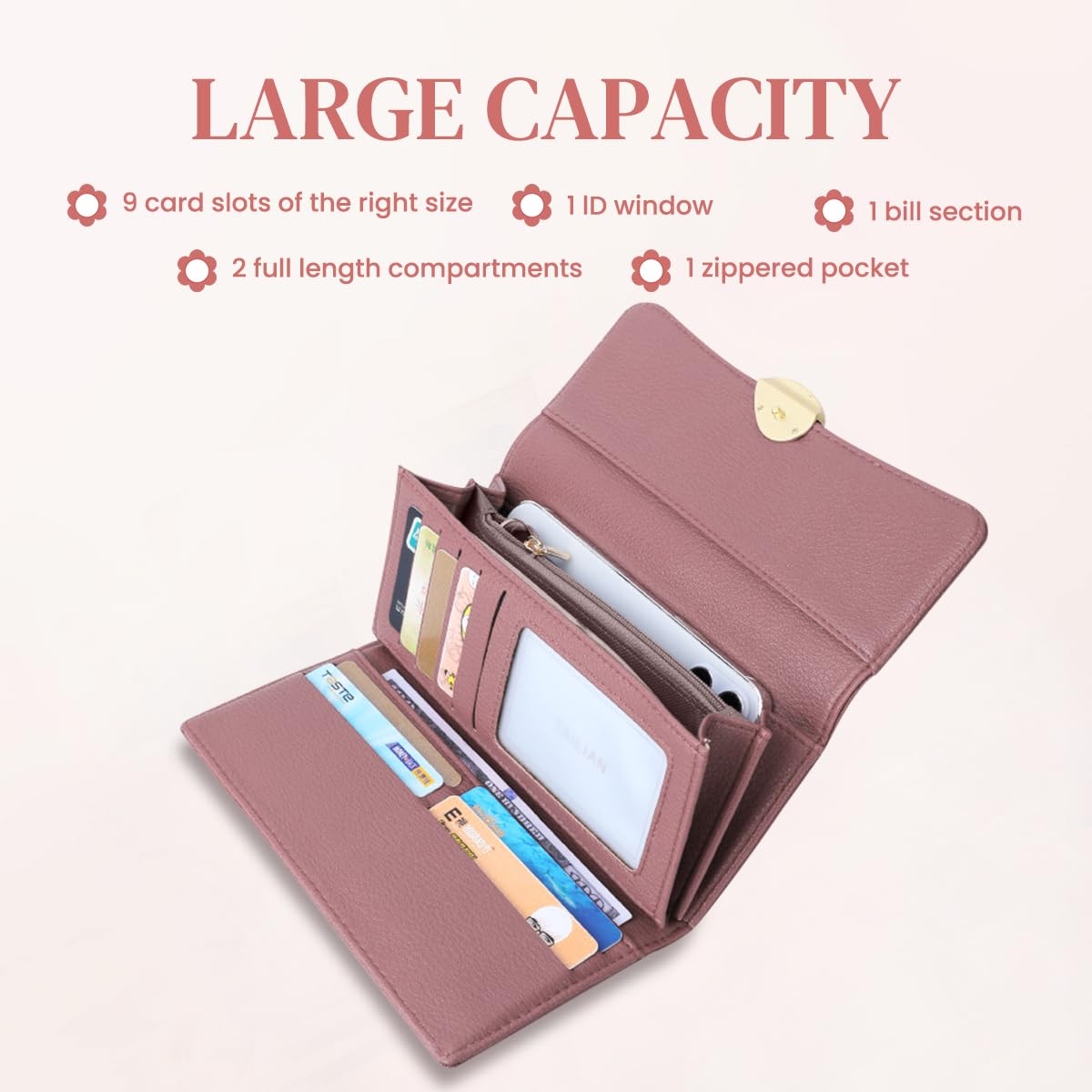 PALAY Women's PU Leather Long Wallet with Leaf Pendant Card Holders Phone Pocket Girls Zipper Purse