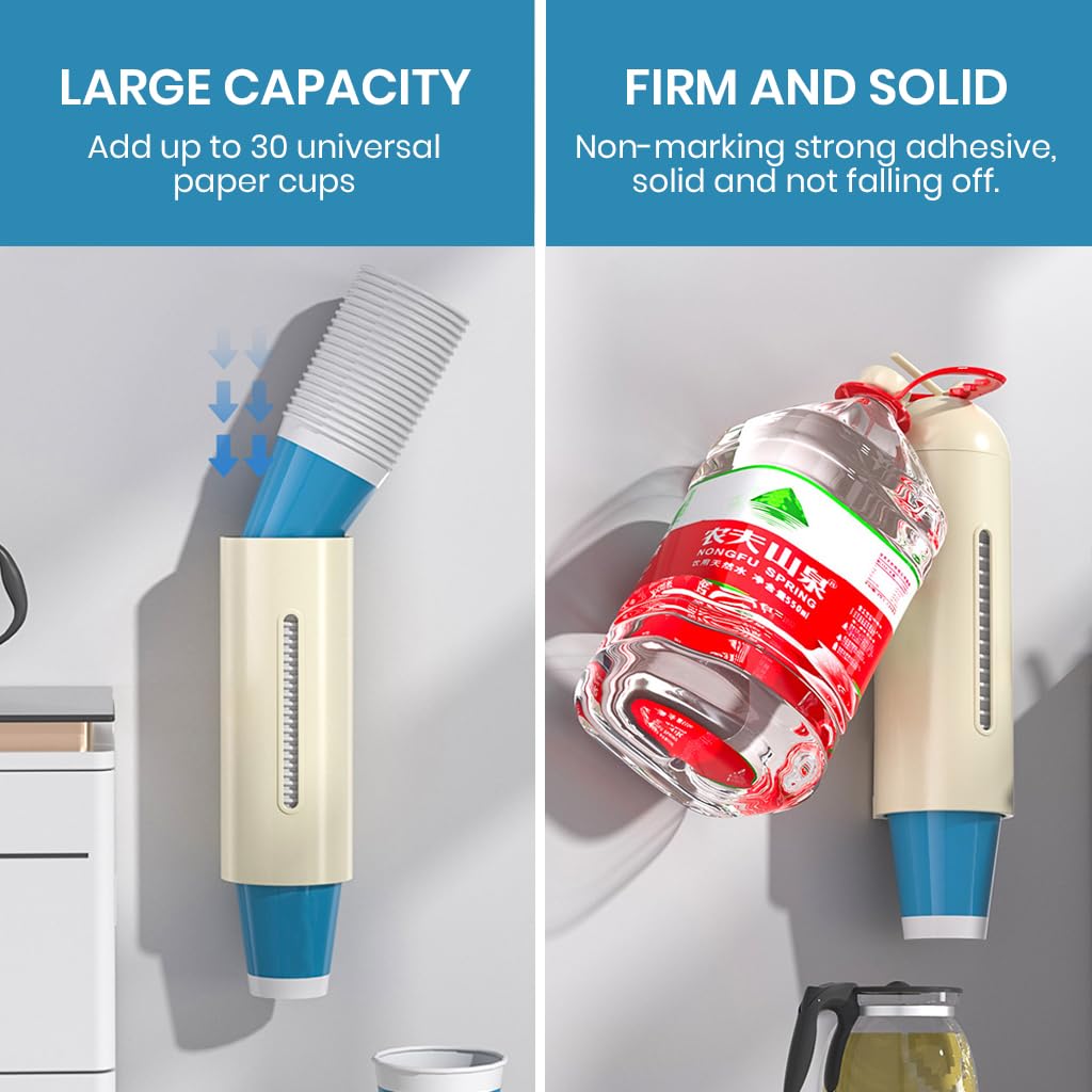 HASTHIP Cup Dispenser for Water Cooler Self-adhesive Wall Mounted Disposable Cup Organizer Paper Cup Dispenser for 30-40 Standard Cups Fashion Cup Dispenser Besides Water Dispenser