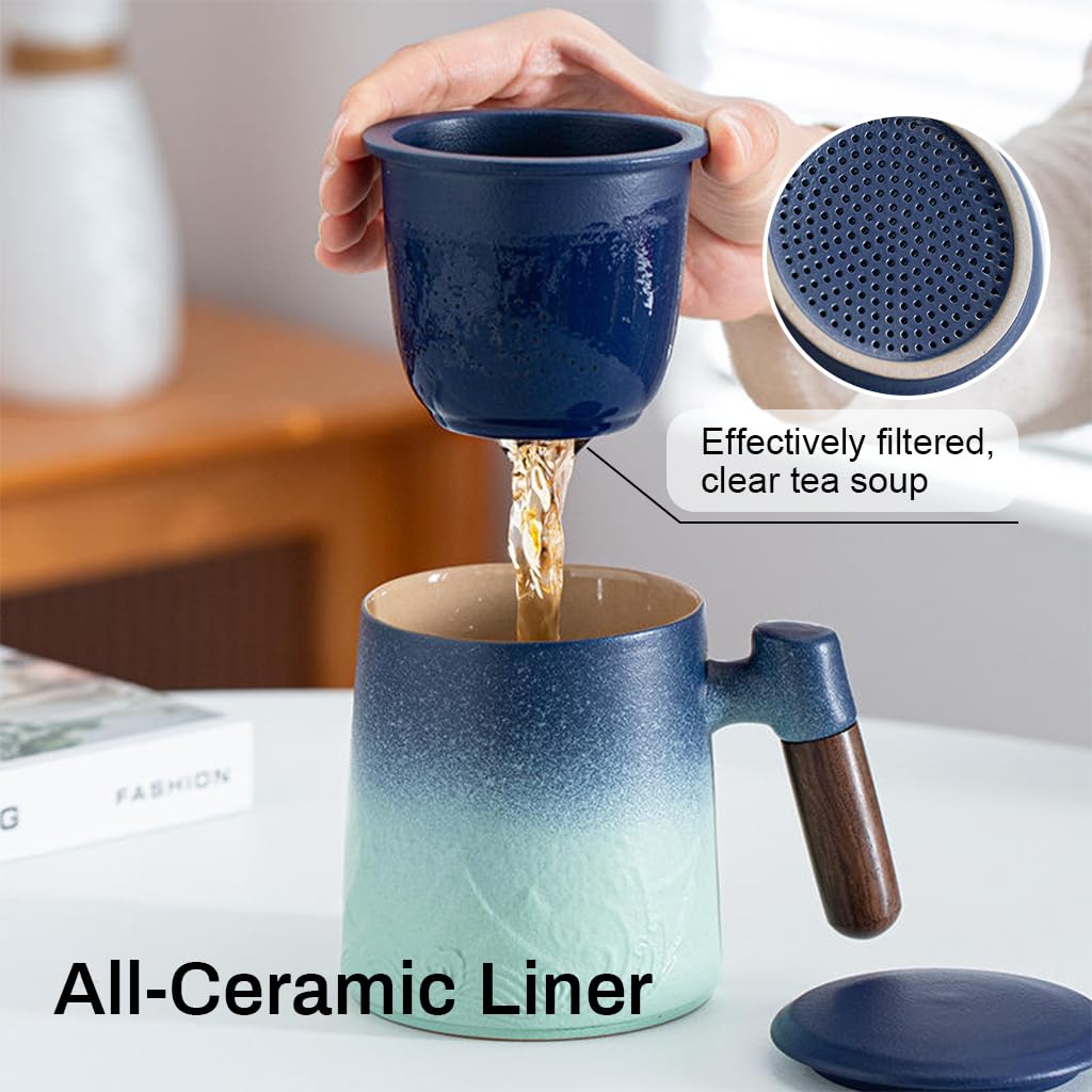 Supvox Tea Cup Ceramics Tea Cup with Separate Ceramics Tea Infuser Ceramics Gradient Blue Tea Mug Carving Mug Wall Design with Wooden Handle Ceramics Tea Mug with Gift Packing Ideal Gift