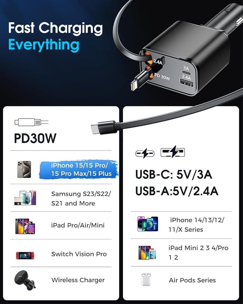 STHIRA Car Charger 4 in 1 PD 30W Car Fast Charger with Dual Retractable Charging Cable Design 180 Degree Rotation Car Mobile Charger Universal Car Charger with Cable for Phone, Tablet, GPS