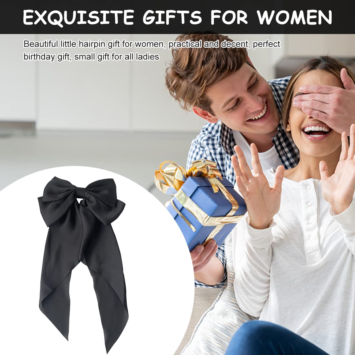 MAYCREATE Large Satin Hair Bows for Women Girls Silk-Like Stylish French Bow Hair Clip Bowknot Hair Barrettes Big Ribbon Bow with Long Tail (Black)