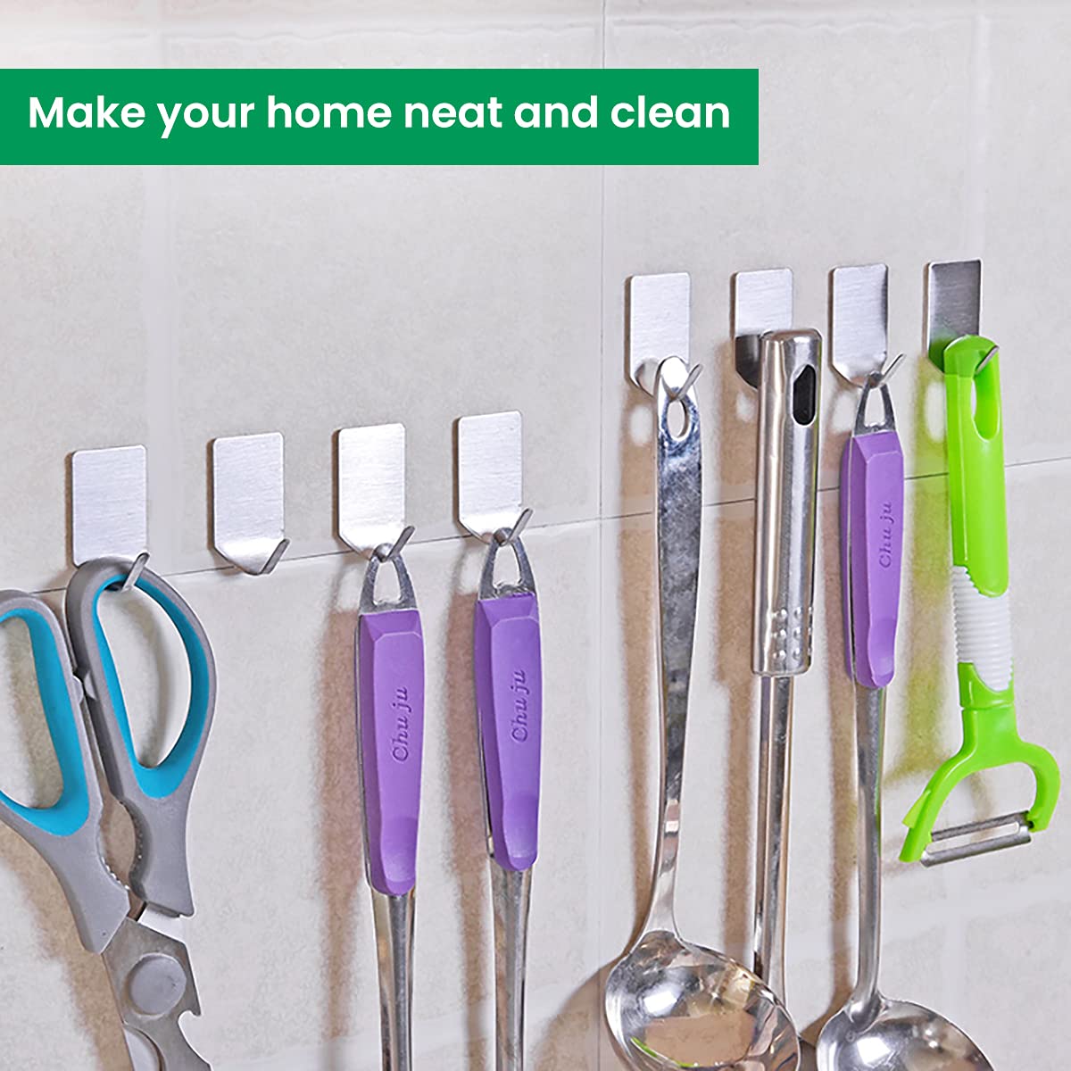 HASTHIP Stainless Steel Adhesive Wall Hanger Self Adhesive Waterproof Heavy Duty Sticky Narrow Wall Hooks (Pack 8).