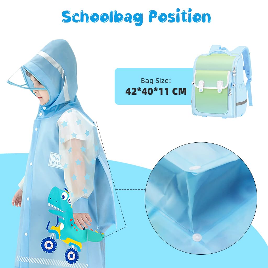 SNOWIE SOFT Hooded Raincoat for Kids Wide Brim Hooded Raincoat EVA Student Raincoat with School Bag Rain Cover Cartoon Dinosaur Raincoat for Kids 7-9 Years Old, Recommended Height 130-145 cm