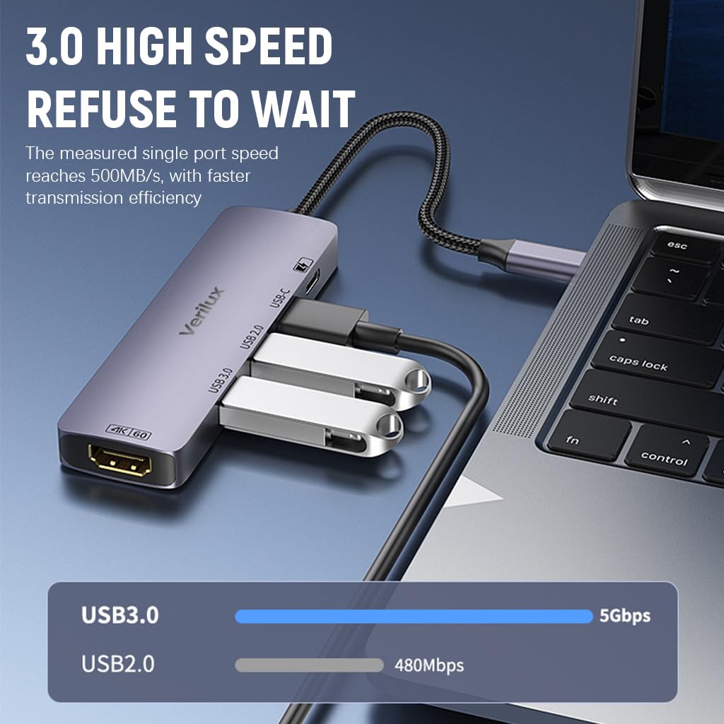 Verilux 5 in 1 USB C HUB USB-C to HDMI, Dual USB Ports Design, Support 4K@60Hz Video Output & PD 100W Power Delivery, Plug and Go USB C Hub for Phone, Tablet, SSD Enclosure, Laptop, Monitor